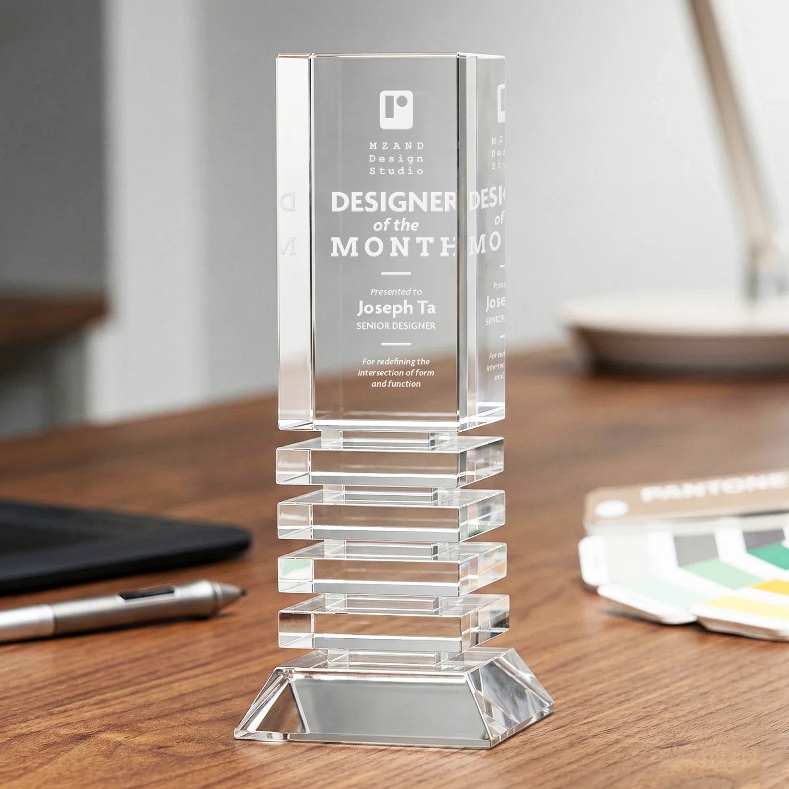 Custom Optical Crystal Tower Award with Stacked Channel Layers for sales achievement awards