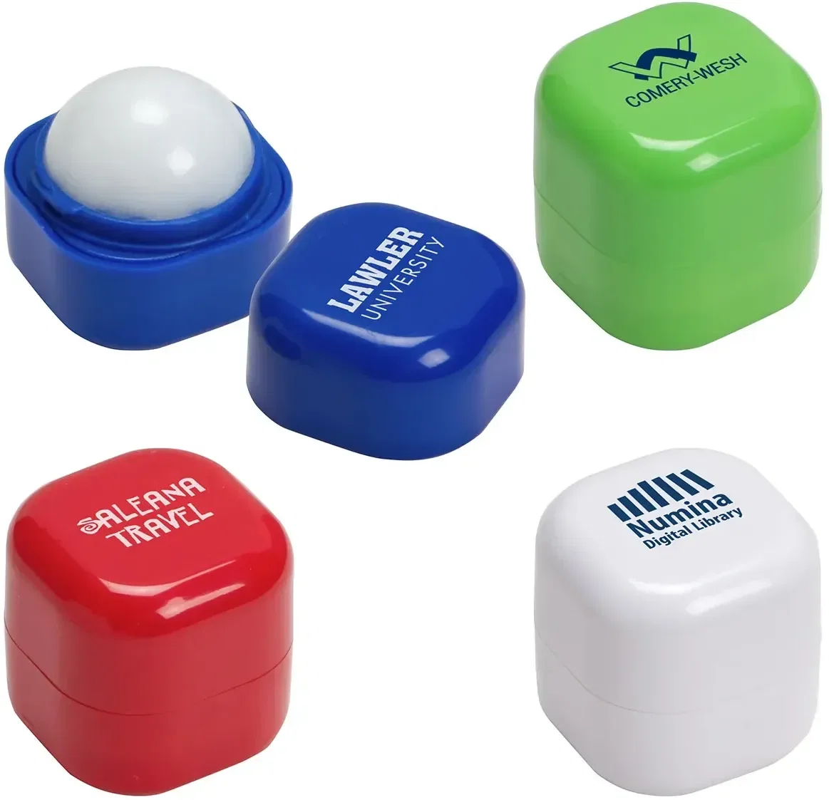 Chap-Cube vanilla custom lip balm front view, branded twist-open cube balm for trade shows