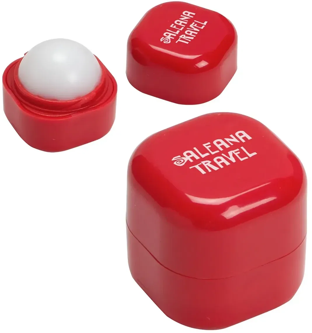 Branded Chap-Cube vanilla lip balm angled view of twist-open cube with logo imprint space