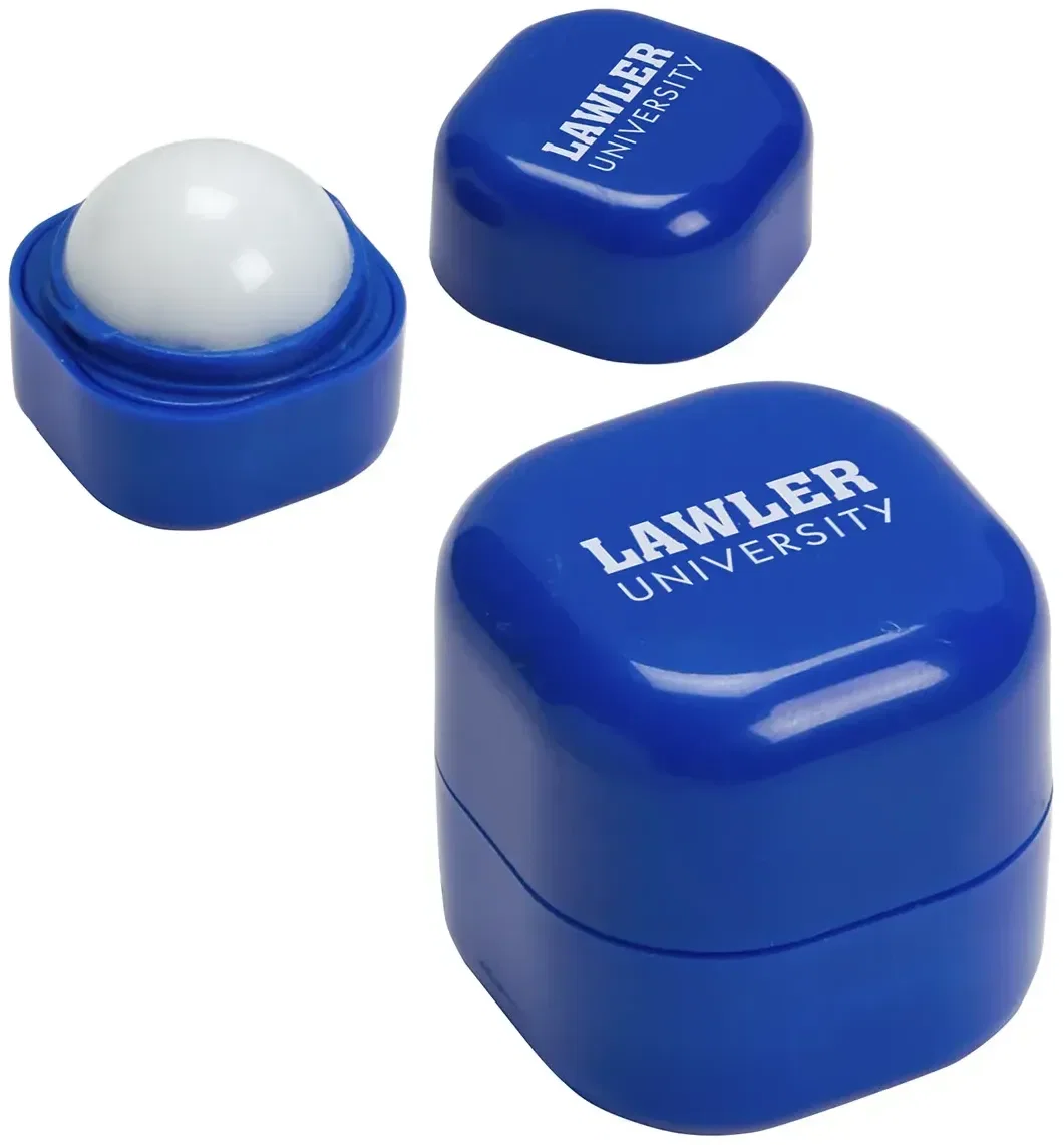 Chap-Cube vanilla branded lip balm side profile of twist-up cube for logo branding