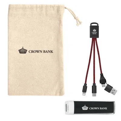 Charging kit with a power bank and cable in a drawstring pouch