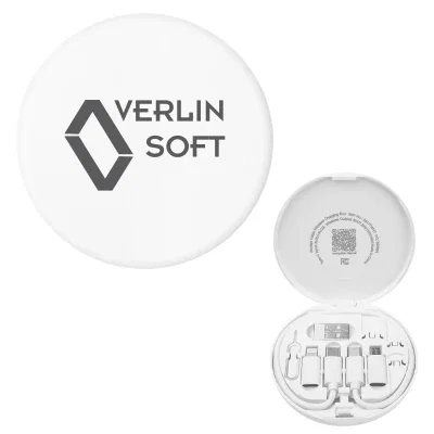 Round travel case holding a charging cord and adapter set