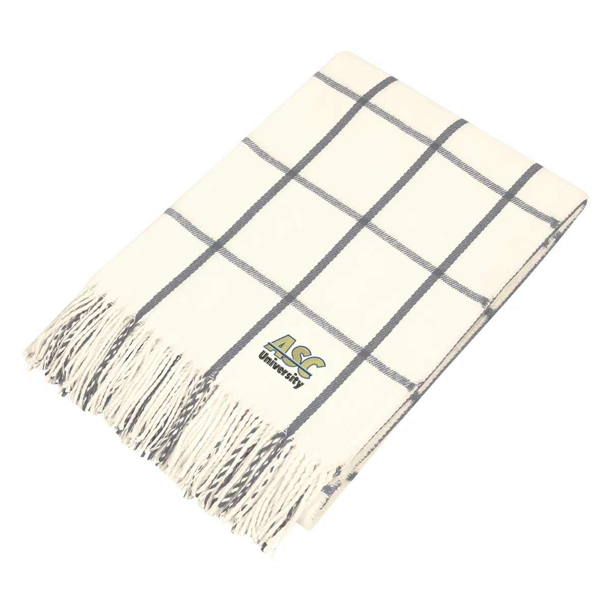 Fringed throw blanket in white with gray woven detail