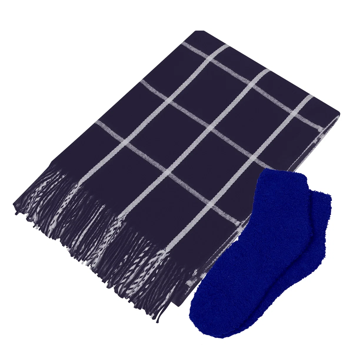 Soft throw blanket paired with fuzzy socks as a cold weather gift