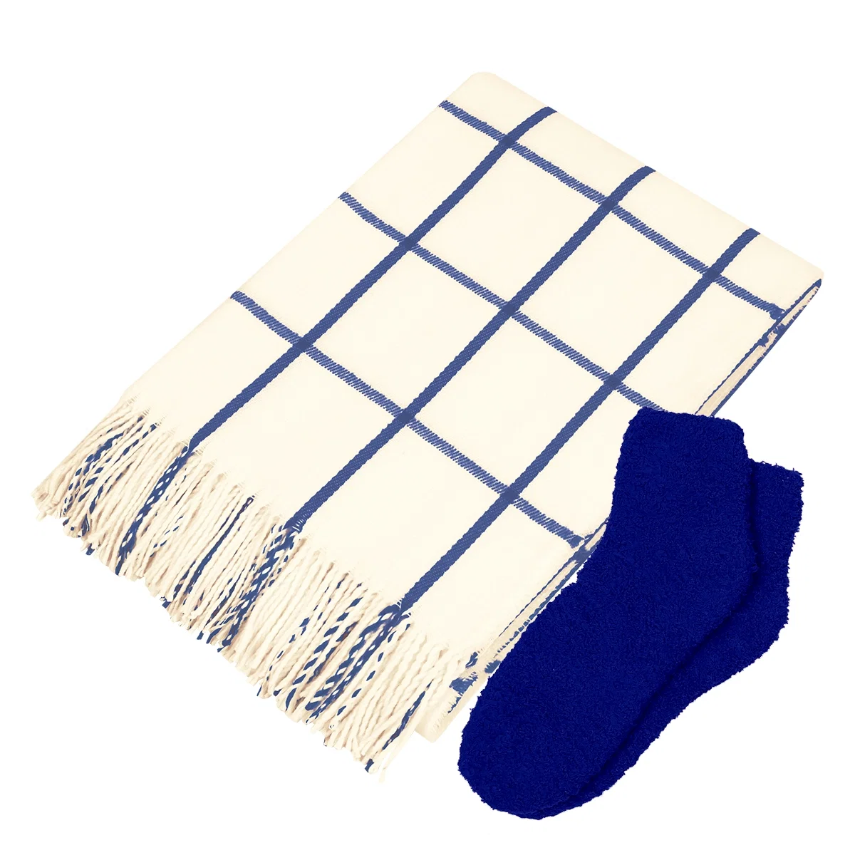 Sock cuff shown in close detail with the folded throw in view