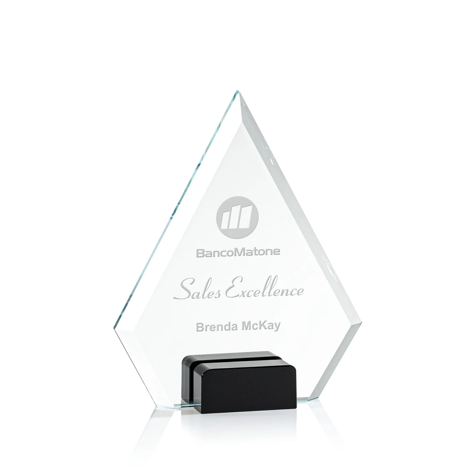 Personalized Starfire Crystal Diamond Award Wedged Between Sapphire Panes for corporate award ceremonies