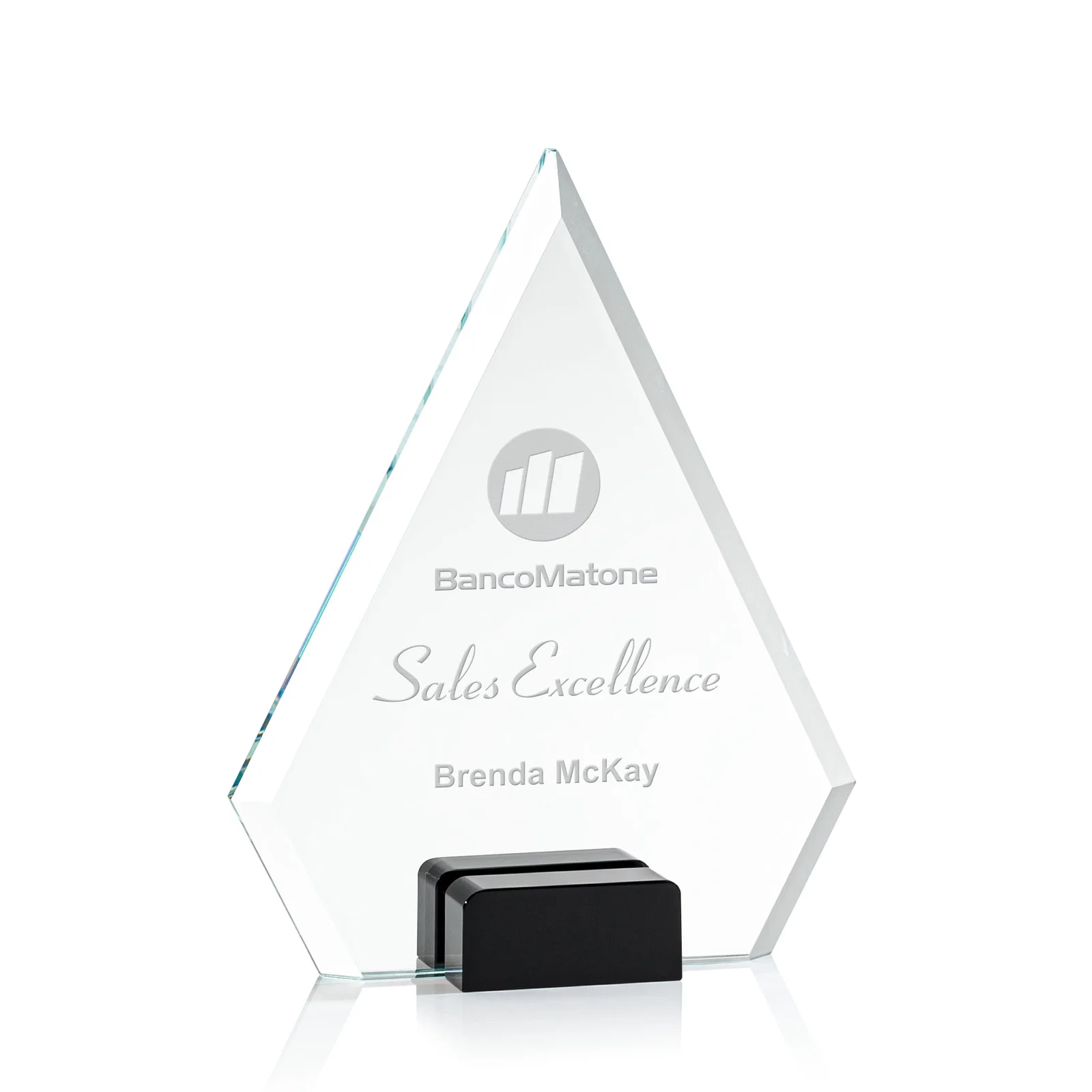 Personalized Starfire Crystal Diamond Award Wedged Between Sapphire Panes for service anniversary gifts