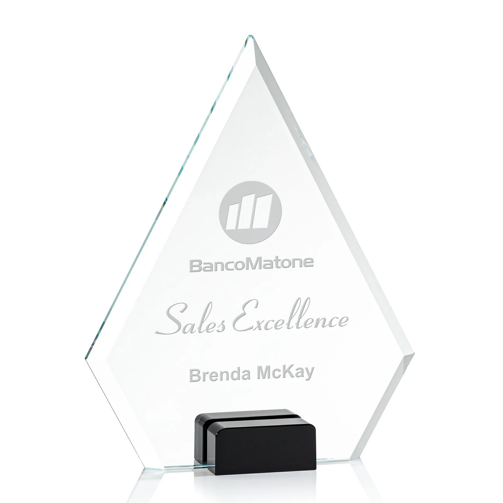 Personalized Starfire Crystal Diamond Award Wedged Between Sapphire Panes for sales achievement awards
