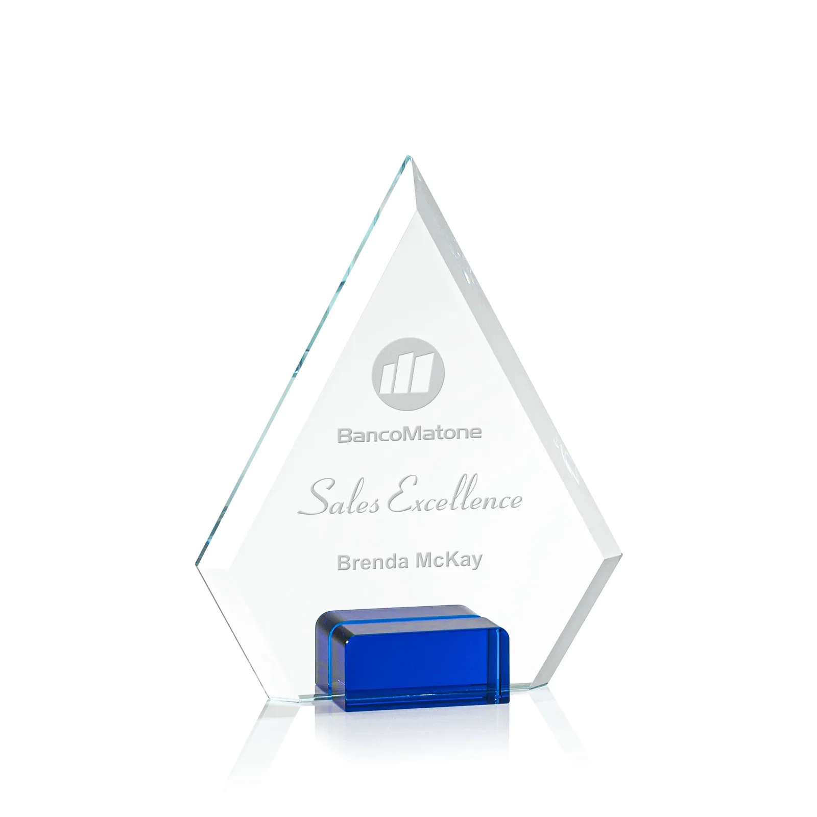 Custom Starfire Crystal Diamond Award Wedged Between Sapphire Panes for corporate award ceremonies
