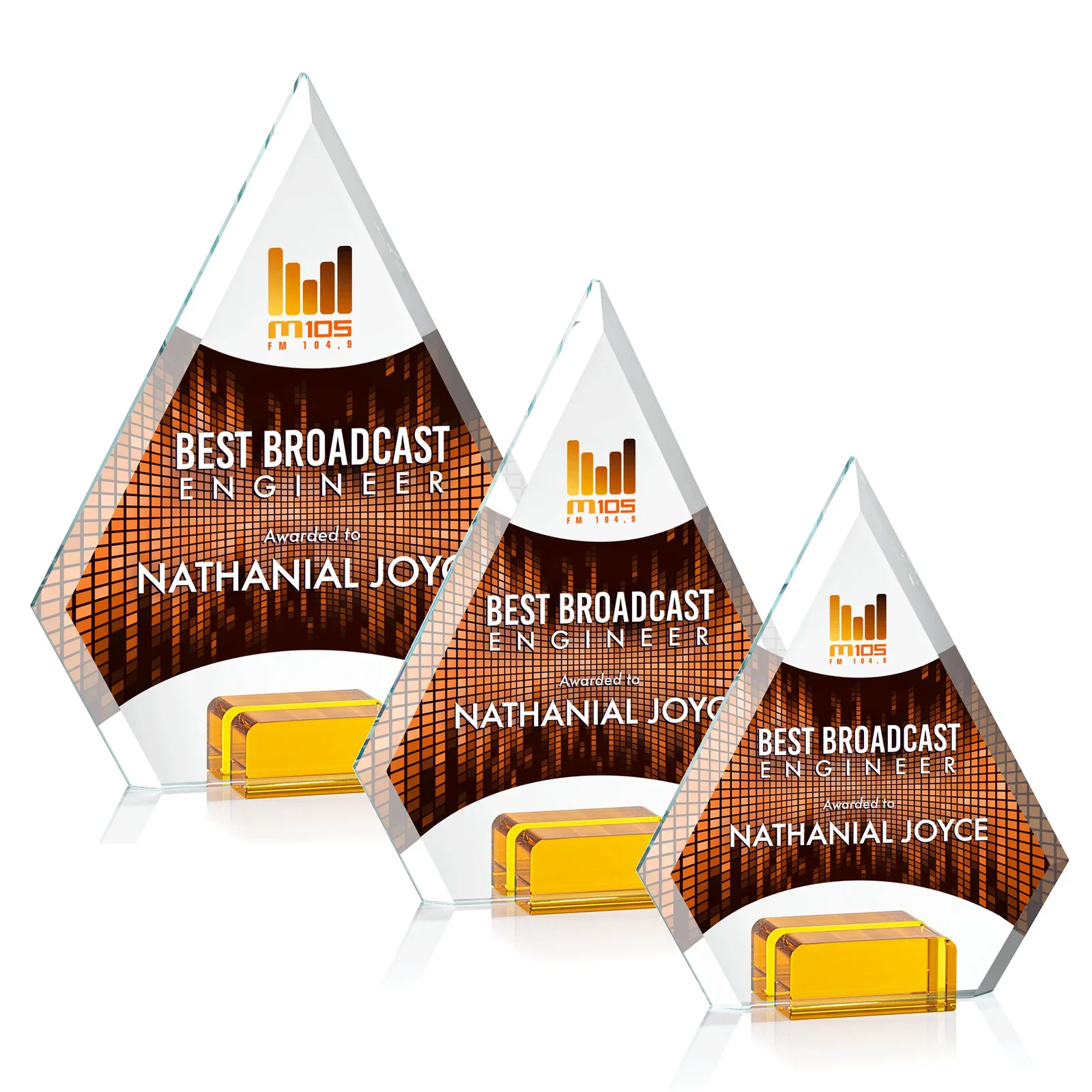 Personalized Starfire Crystal Diamond Award Wedged Between Sapphire Panes for safety achievement programs