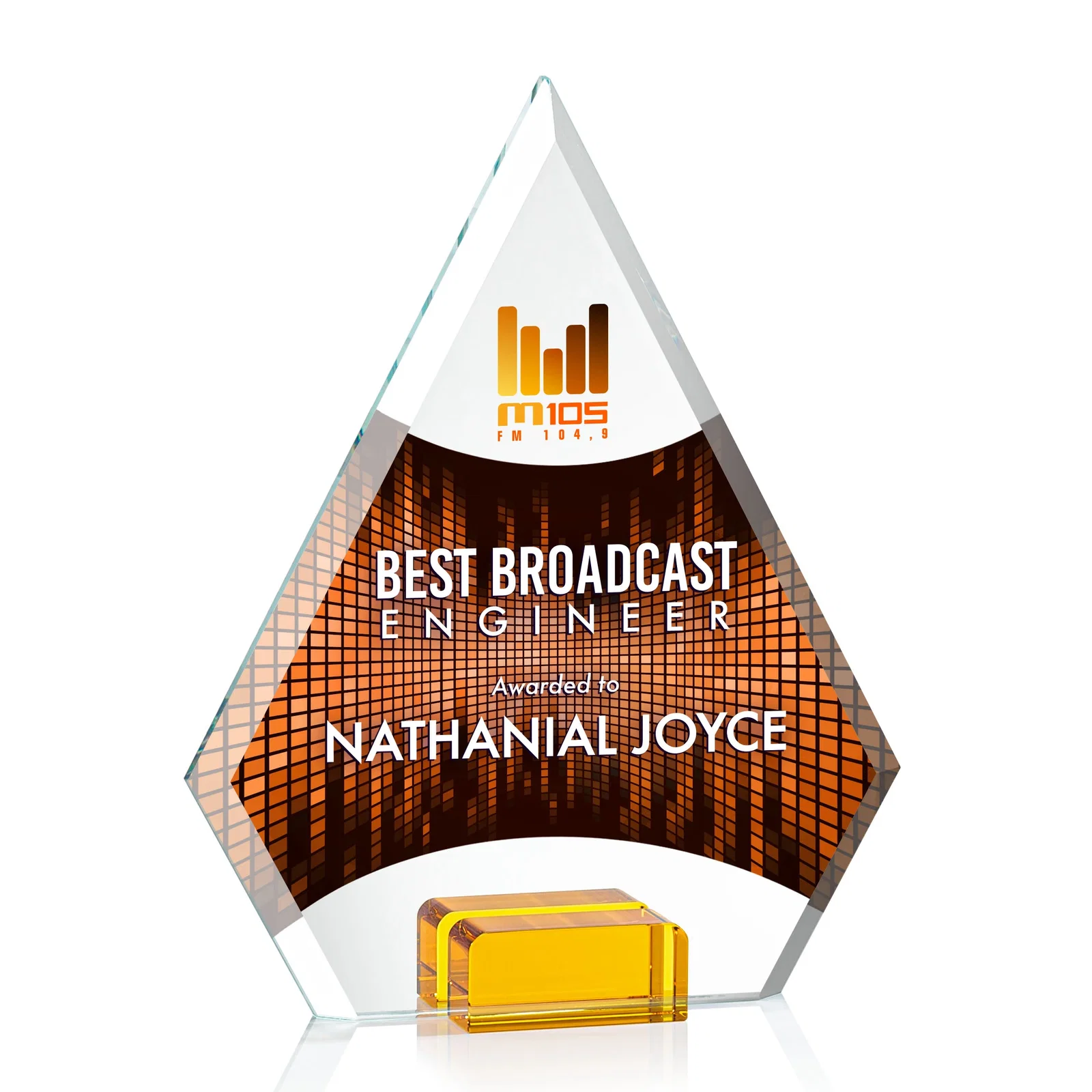 Personalized Starfire Crystal Diamond Award Wedged Between Sapphire Panes for company anniversary events