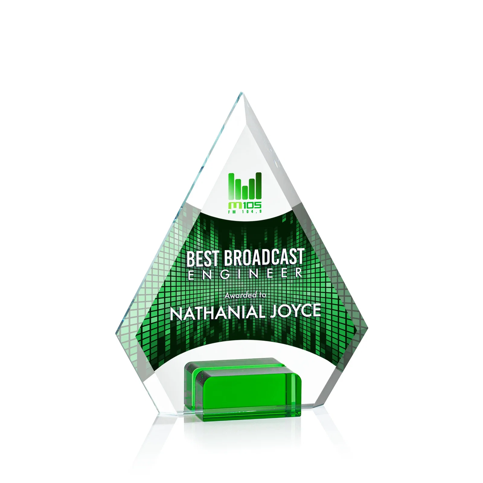 Promotional Starfire Crystal Diamond Award Wedged Between Sapphire Panes for corporate award ceremonies