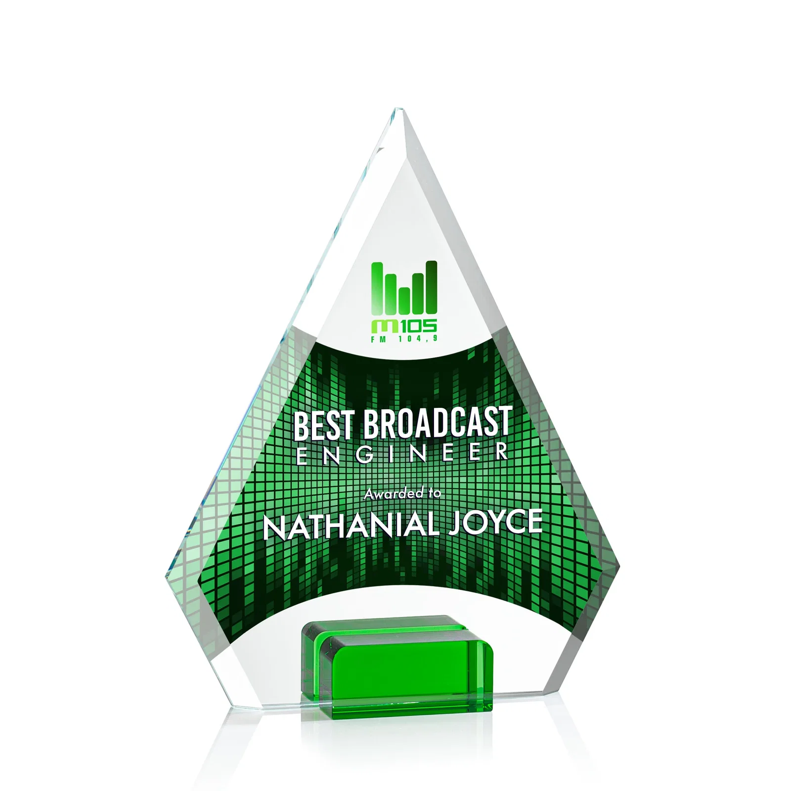 Promotional Starfire Crystal Diamond Award Wedged Between Sapphire Panes for service anniversary gifts