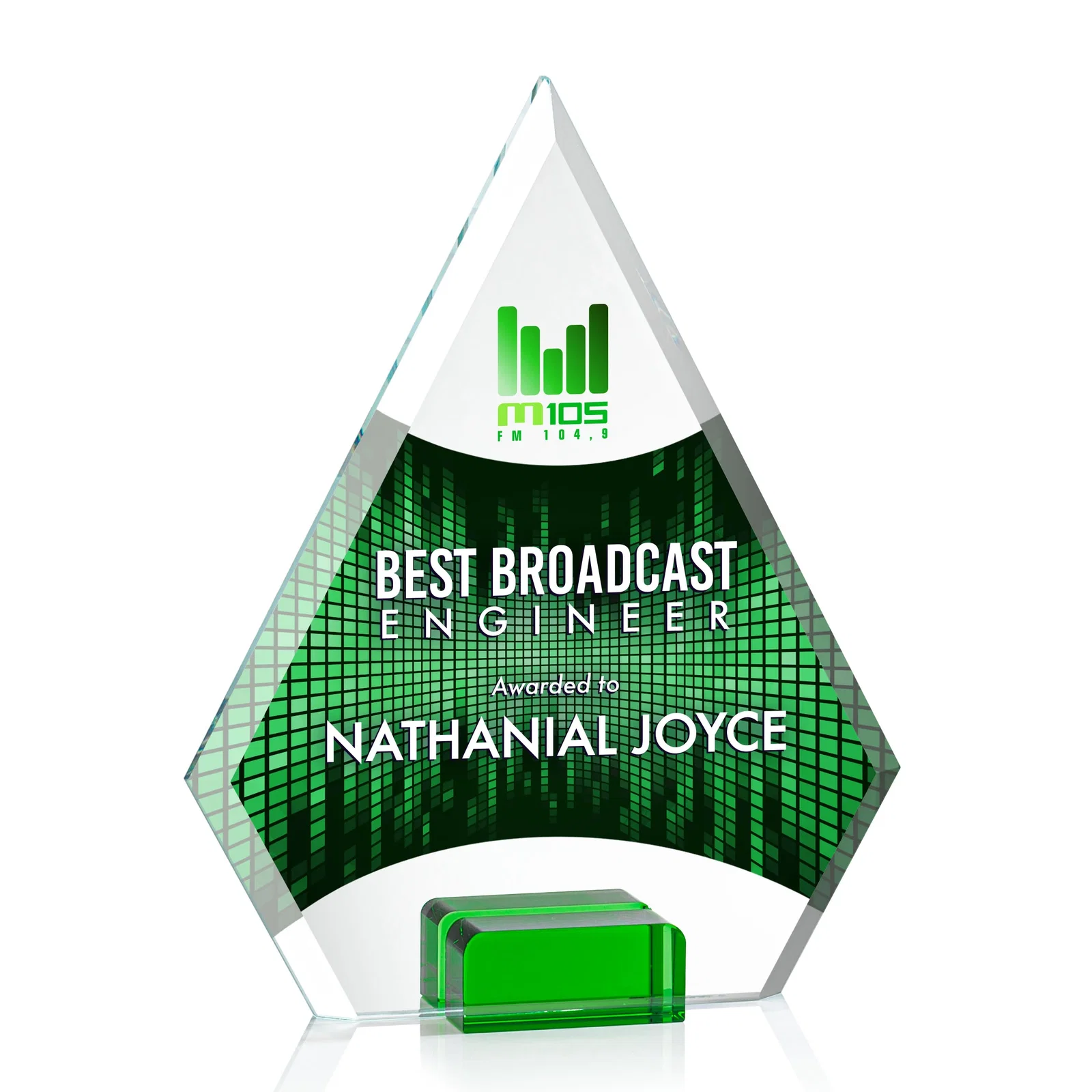 Promotional Starfire Crystal Diamond Award Wedged Between Sapphire Panes for sales achievement awards