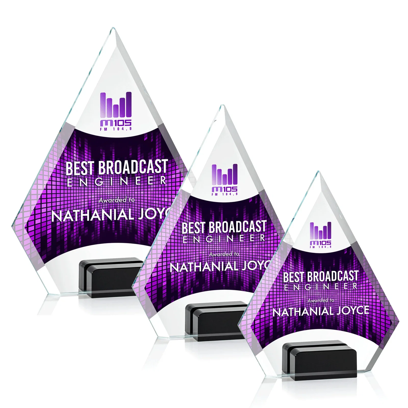 Promotional Starfire Crystal Diamond Award Wedged Between Sapphire Panes for retirement presentations