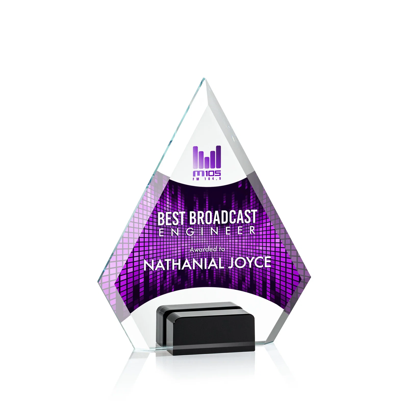Promotional Starfire Crystal Diamond Award Wedged Between Sapphire Panes for team milestone celebrations