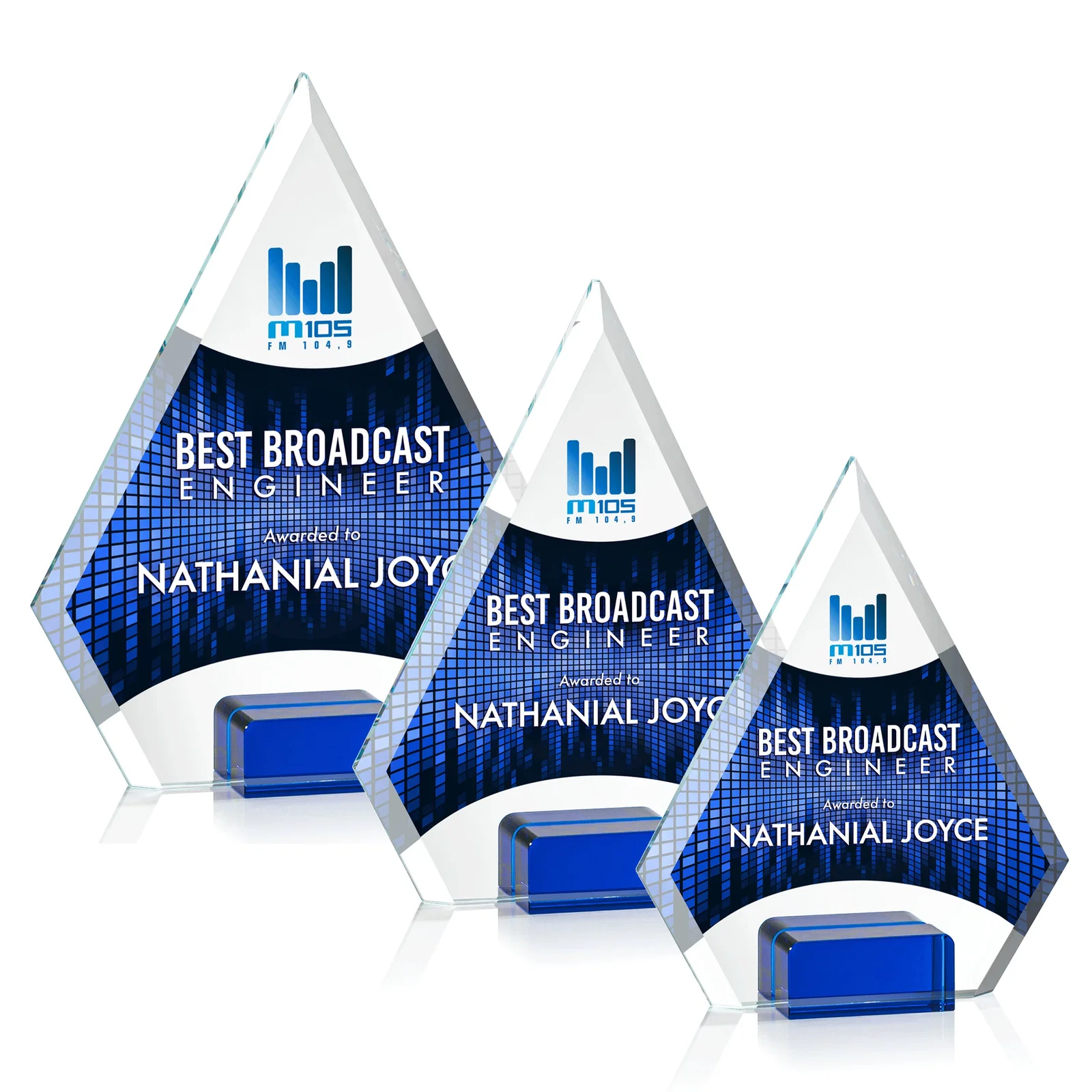 Promotional Starfire Crystal Diamond Award Wedged Between Sapphire Panes for safety achievement programs