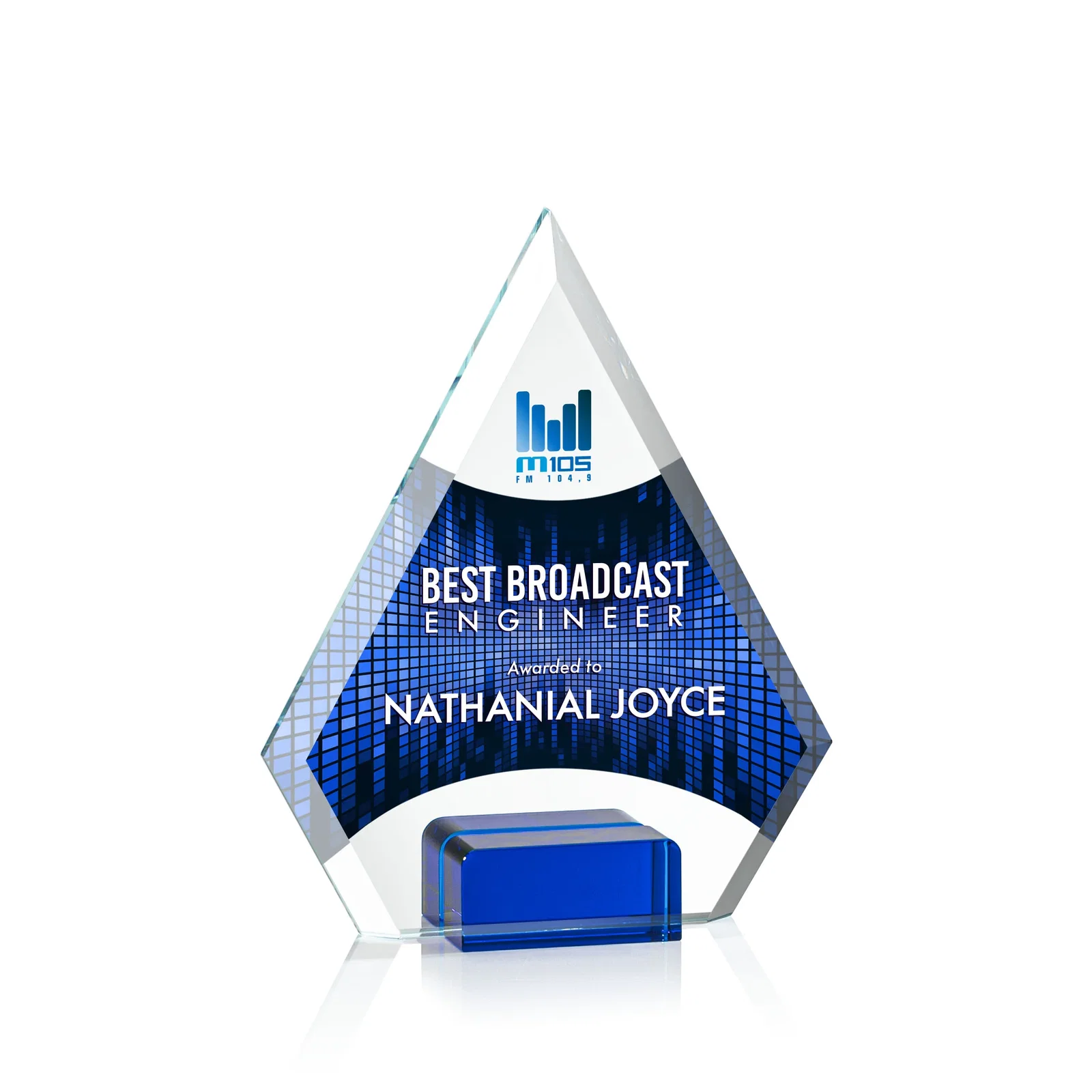 Promotional Starfire Crystal Diamond Award Wedged Between Sapphire Panes for volunteer appreciation