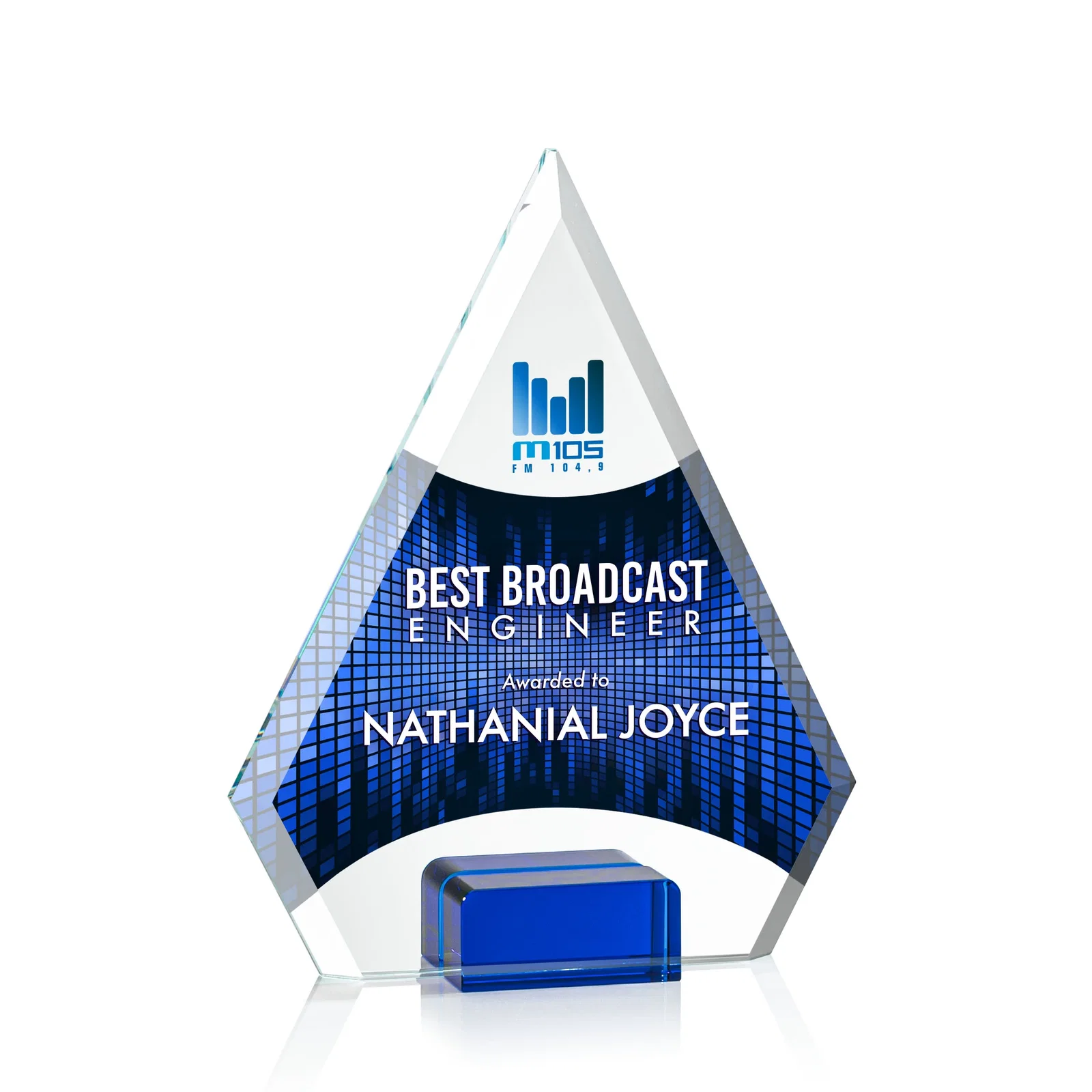 Promotional Starfire Crystal Diamond Award Wedged Between Sapphire Panes for dealer and partner awards