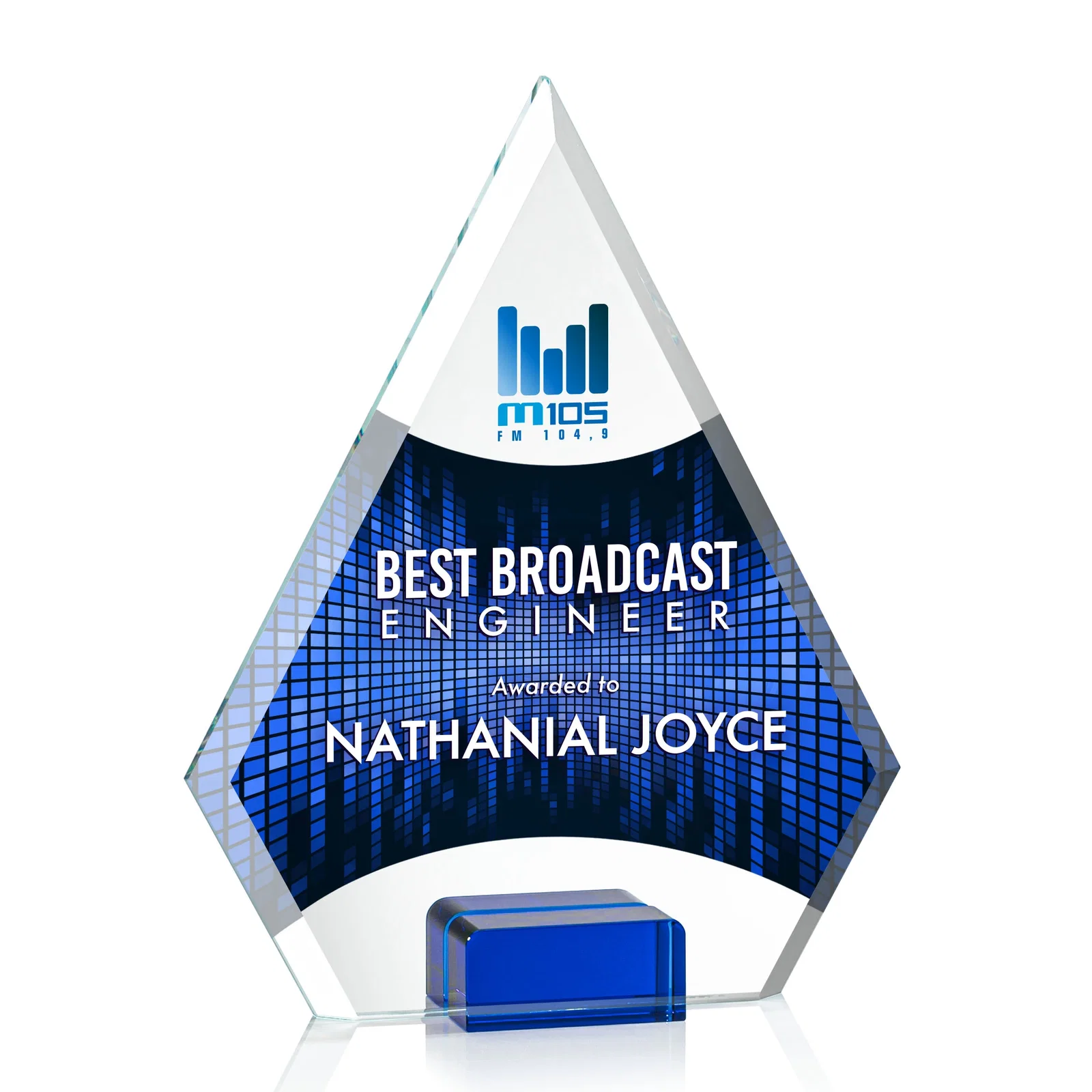 Promotional Starfire Crystal Diamond Award Wedged Between Sapphire Panes for company anniversary events