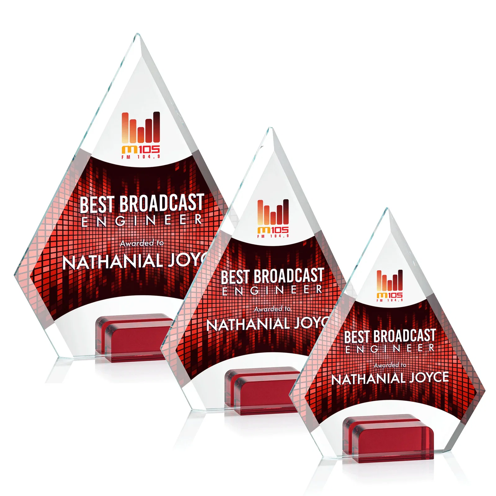 Branded Starfire Crystal Diamond Award Wedged Between Sapphire Panes for employee recognition