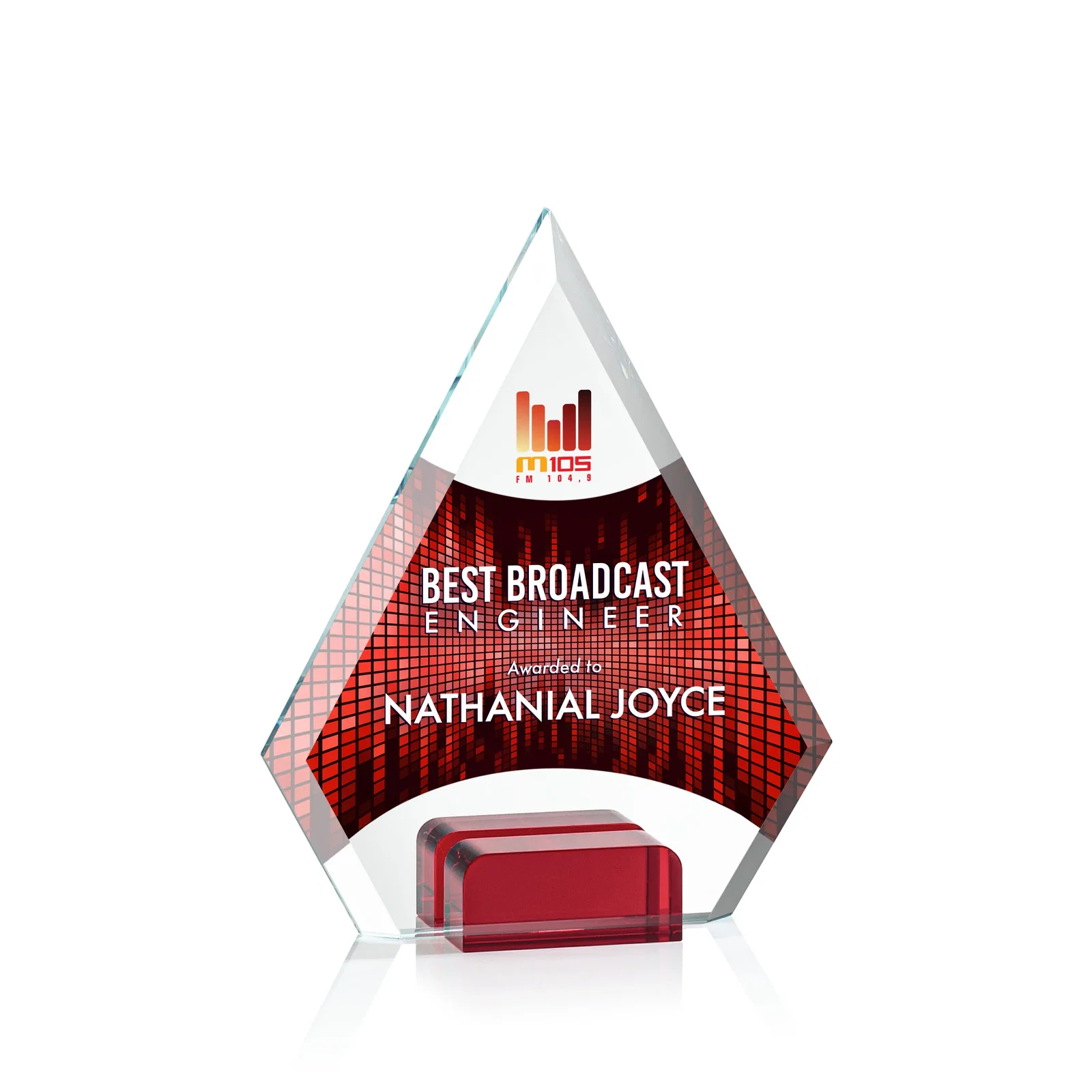 Branded Starfire Crystal Diamond Award Wedged Between Sapphire Panes for corporate award ceremonies
