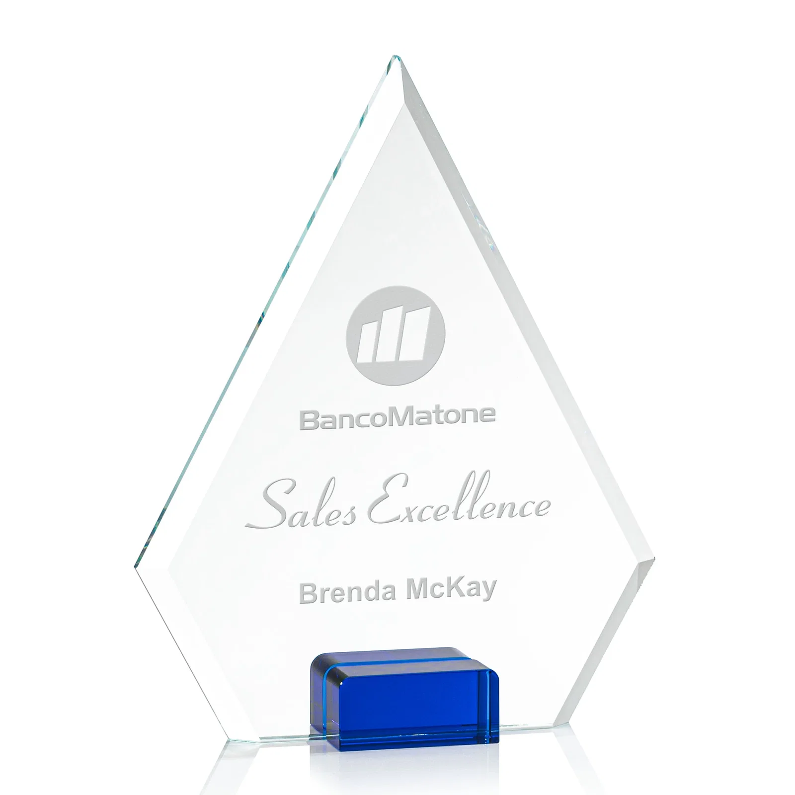 Custom Starfire Crystal Diamond Award Wedged Between Sapphire Panes for sales achievement awards