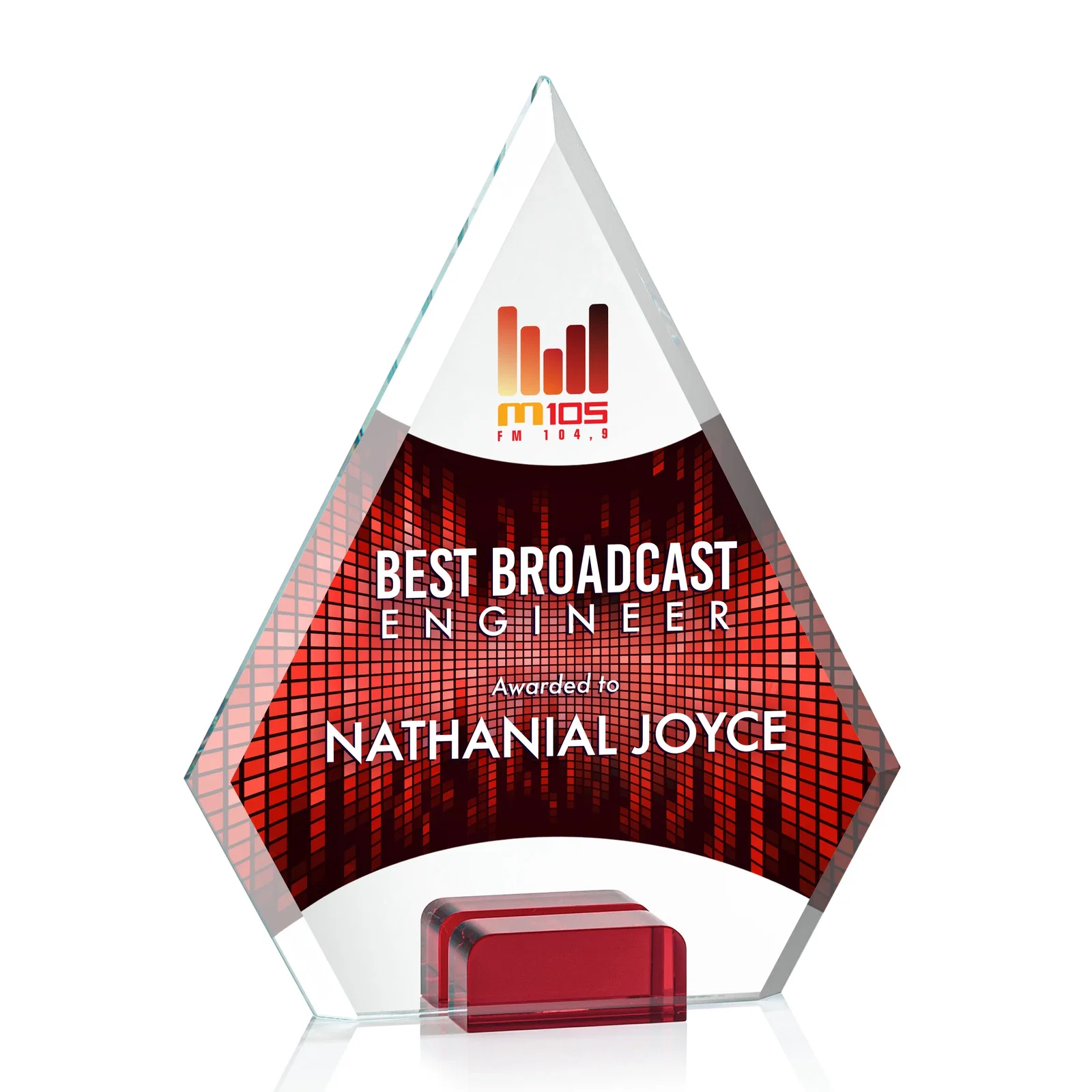 Branded Starfire Crystal Diamond Award Wedged Between Sapphire Panes for sales achievement awards