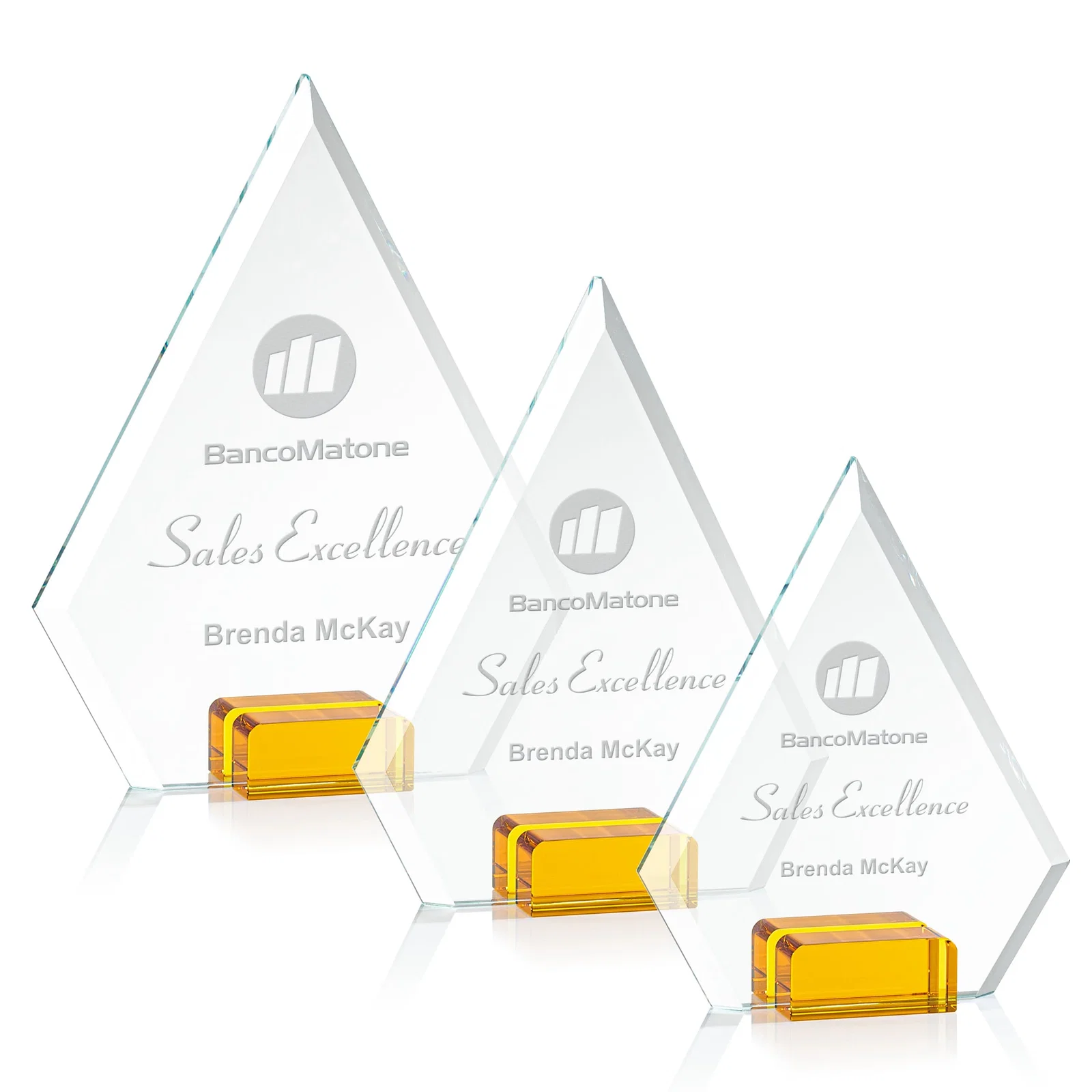 Custom Starfire Crystal Diamond Award Wedged Between Sapphire Panes for retirement presentations