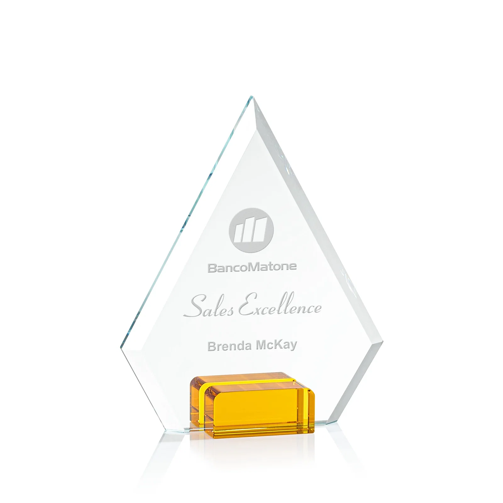 Custom Starfire Crystal Diamond Award Wedged Between Sapphire Panes for team milestone celebrations