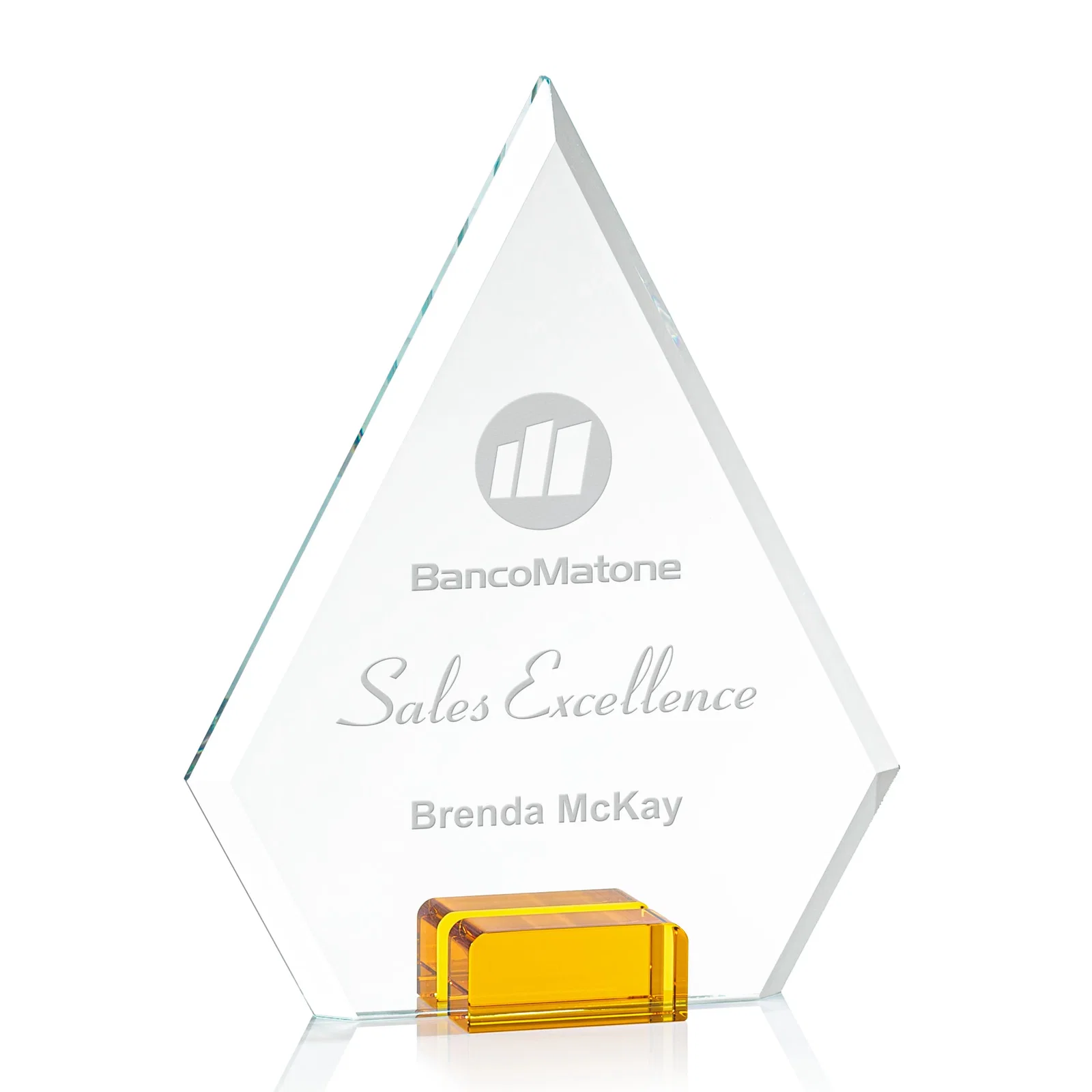 Custom Starfire Crystal Diamond Award Wedged Between Sapphire Panes for graduation ceremonies