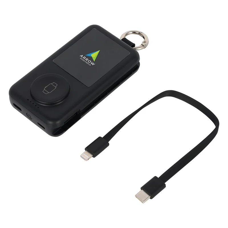 Angled view of the branded Charter 6200mAh Power Bank with keyring