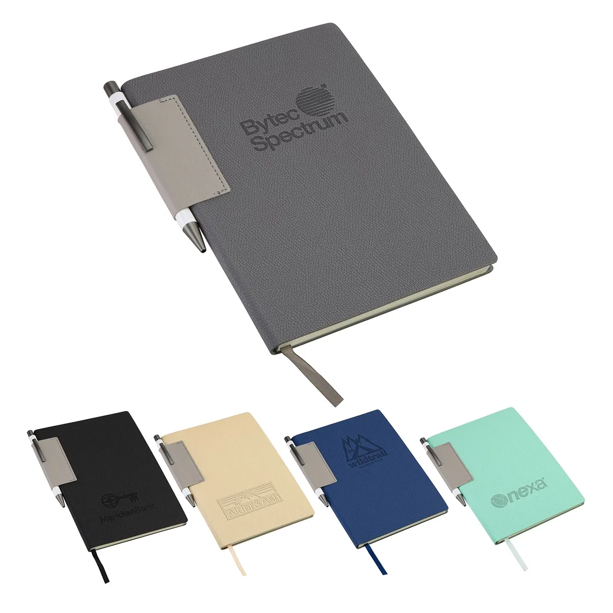 Charter softcover journal with textured PU cover and stitched pen loop on the spine