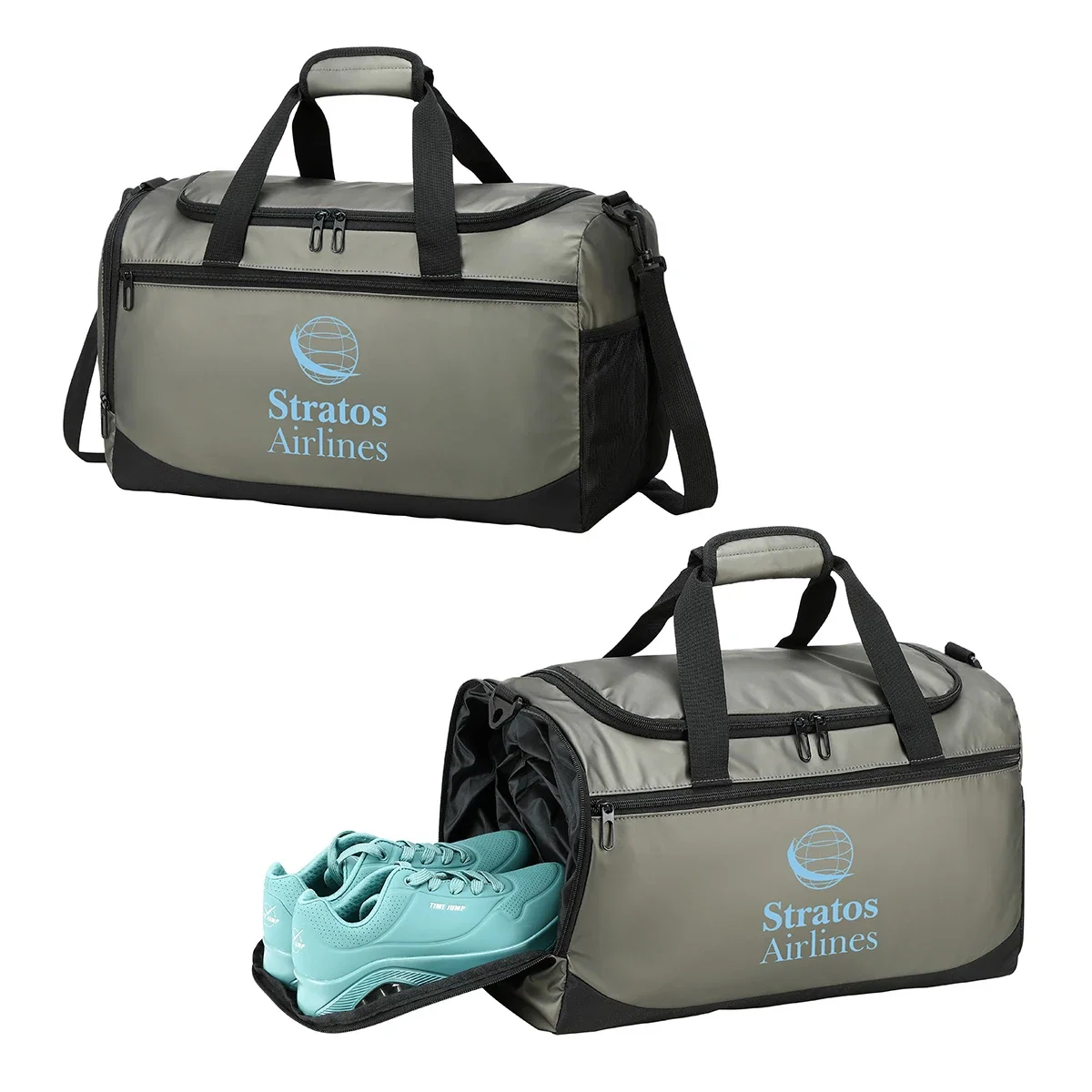 Close-up of the Chateau Duffel's leatherette texture and logo imprint area