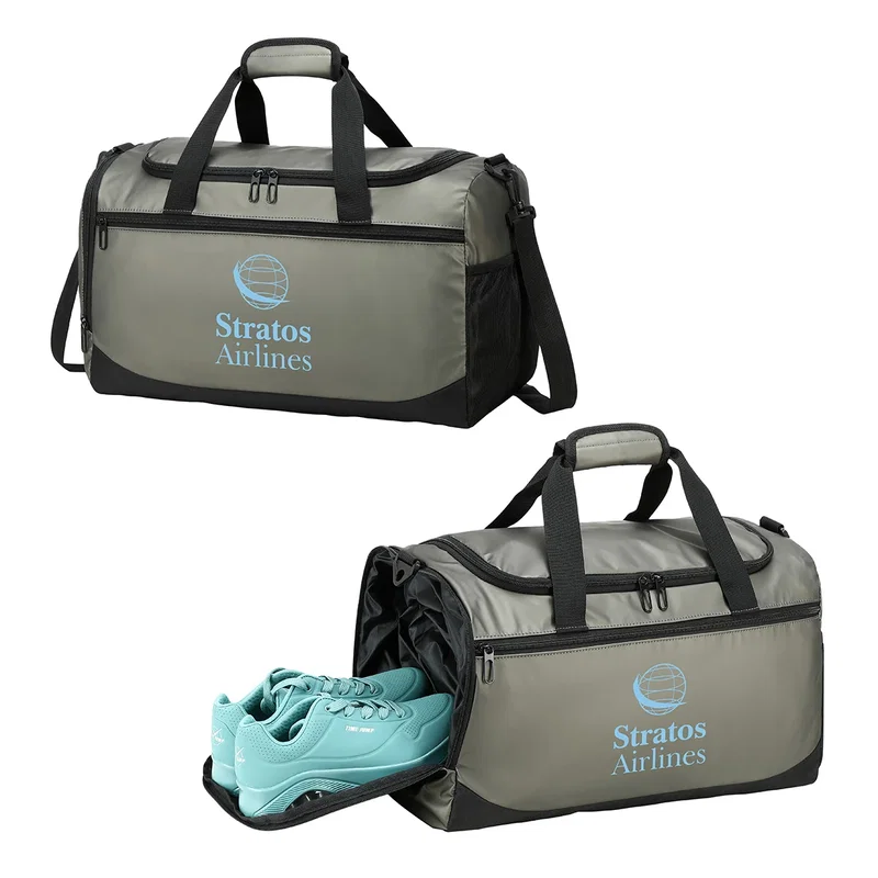Close-up of the Chateau Duffel's leatherette texture and logo imprint area