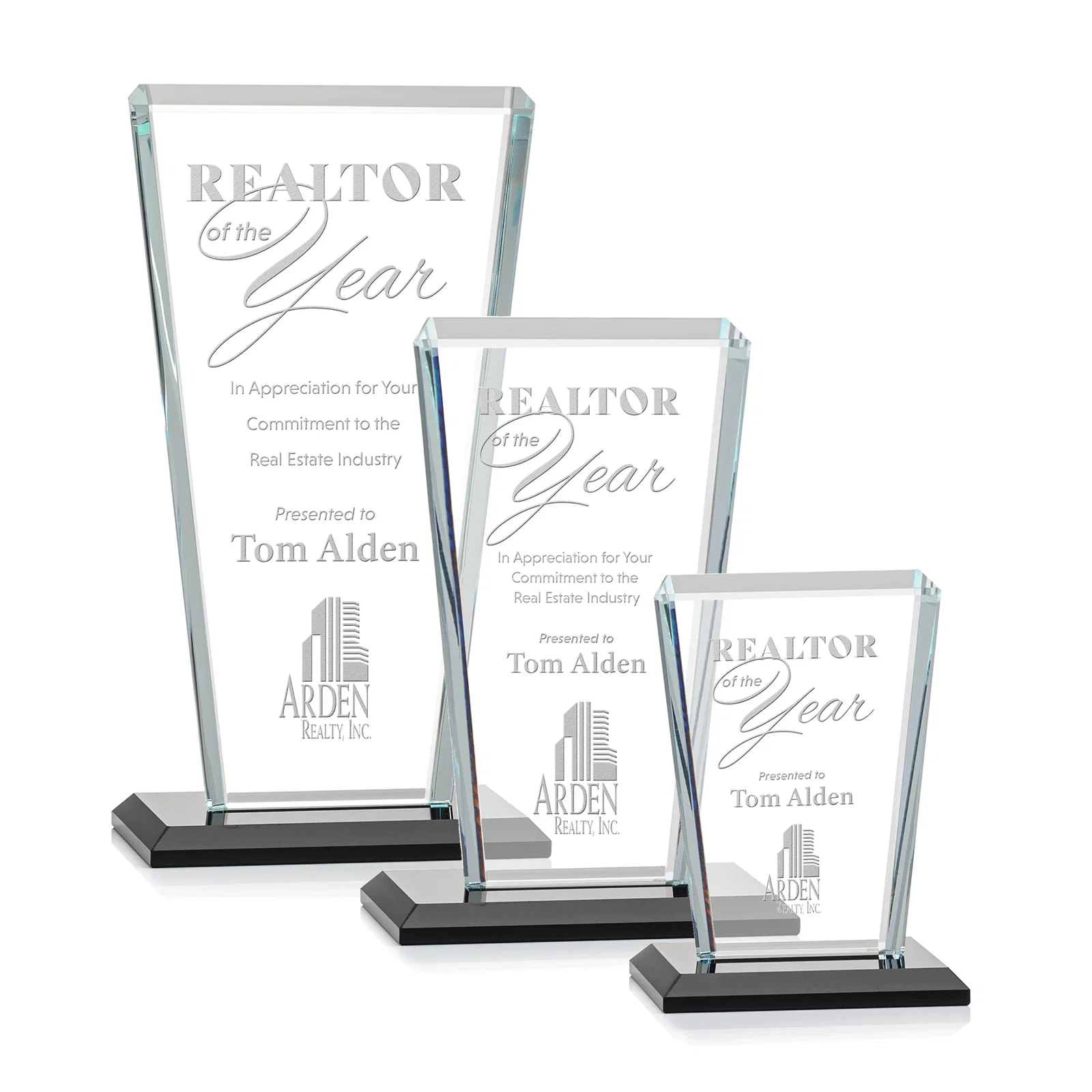 Custom Starfire Crystal Award on Rosewood Base, Full-Color Print Option for employee recognition