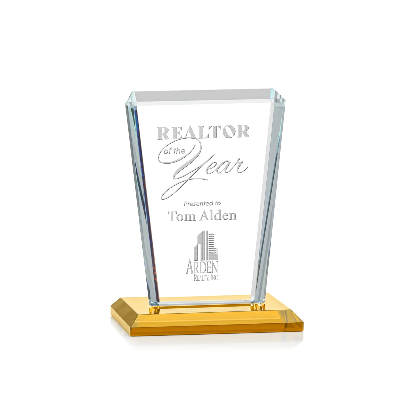 Custom Starfire Crystal Award on Rosewood Base, Full-Color Print Option for volunteer appreciation