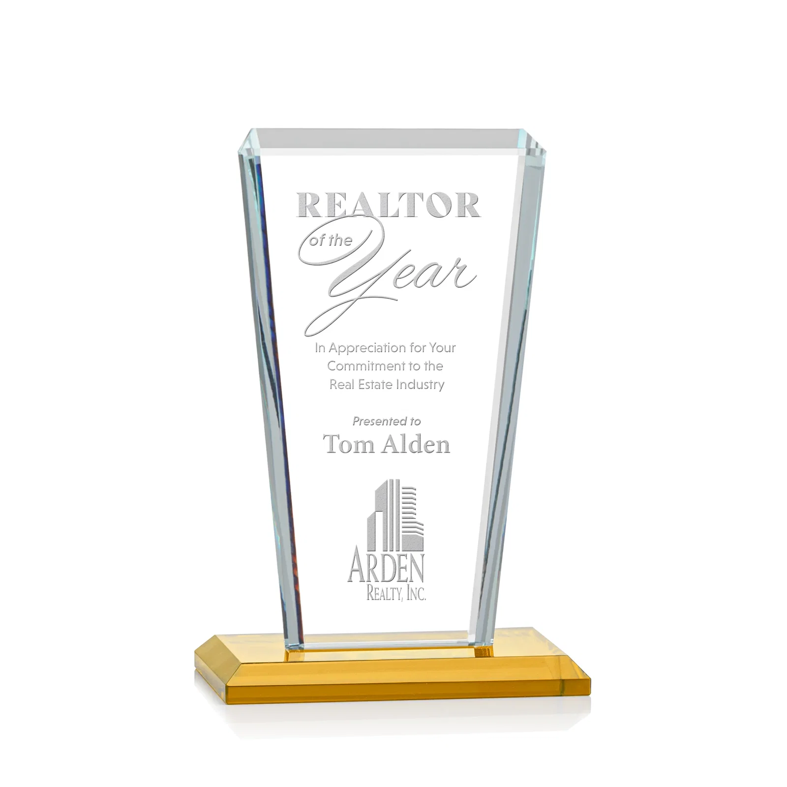 Custom Starfire Crystal Award on Rosewood Base, Full-Color Print Option for dealer and partner awards