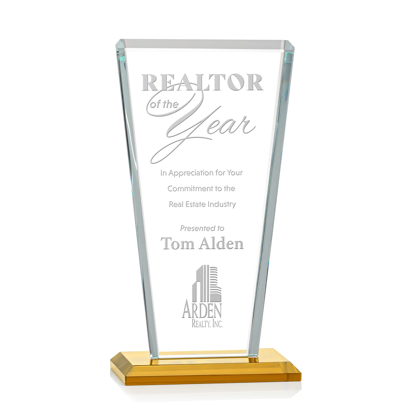 Custom Starfire Crystal Award on Rosewood Base, Full-Color Print Option for company anniversary events