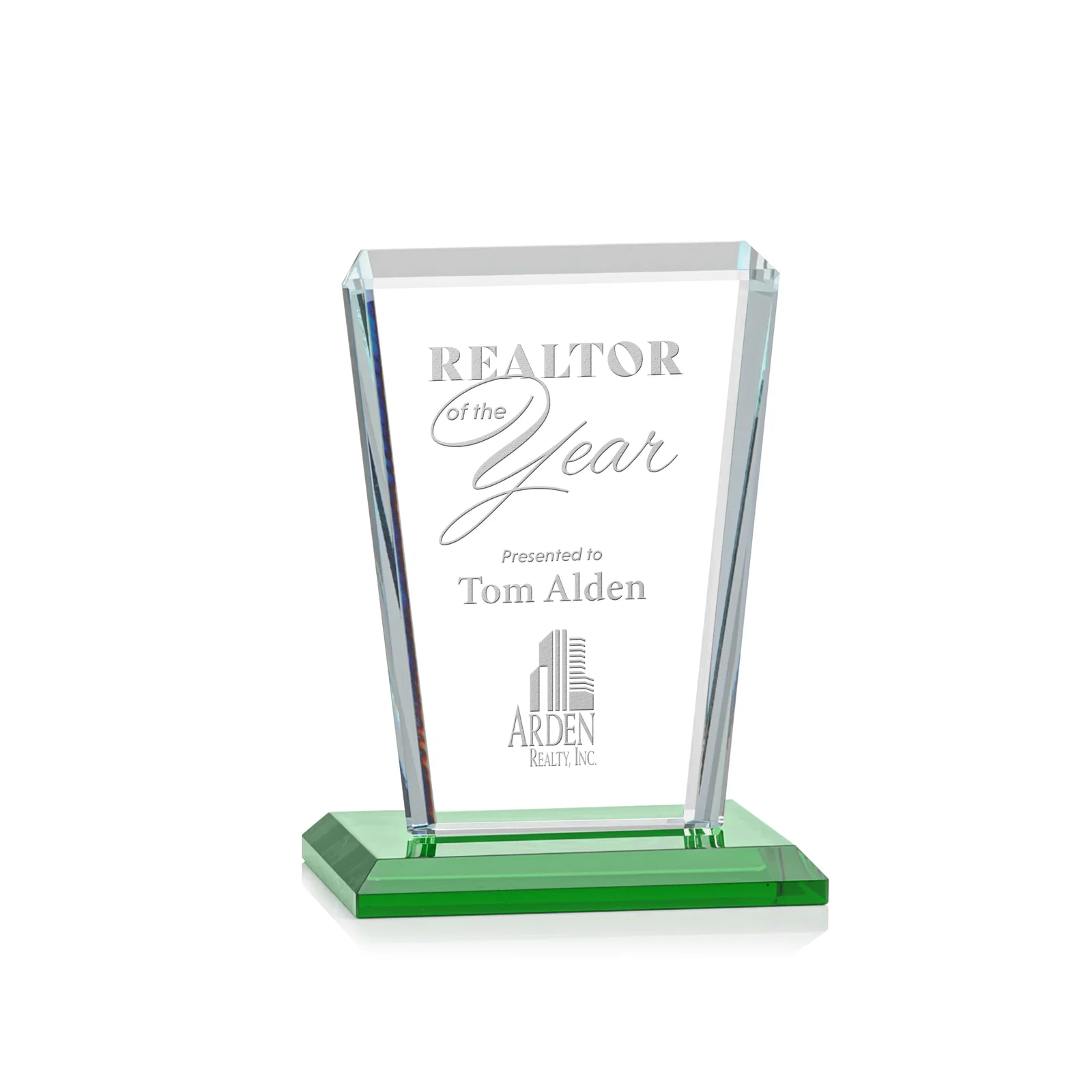 Personalized Starfire Crystal Award on Rosewood Base, Full-Color Print Option for corporate award ceremonies