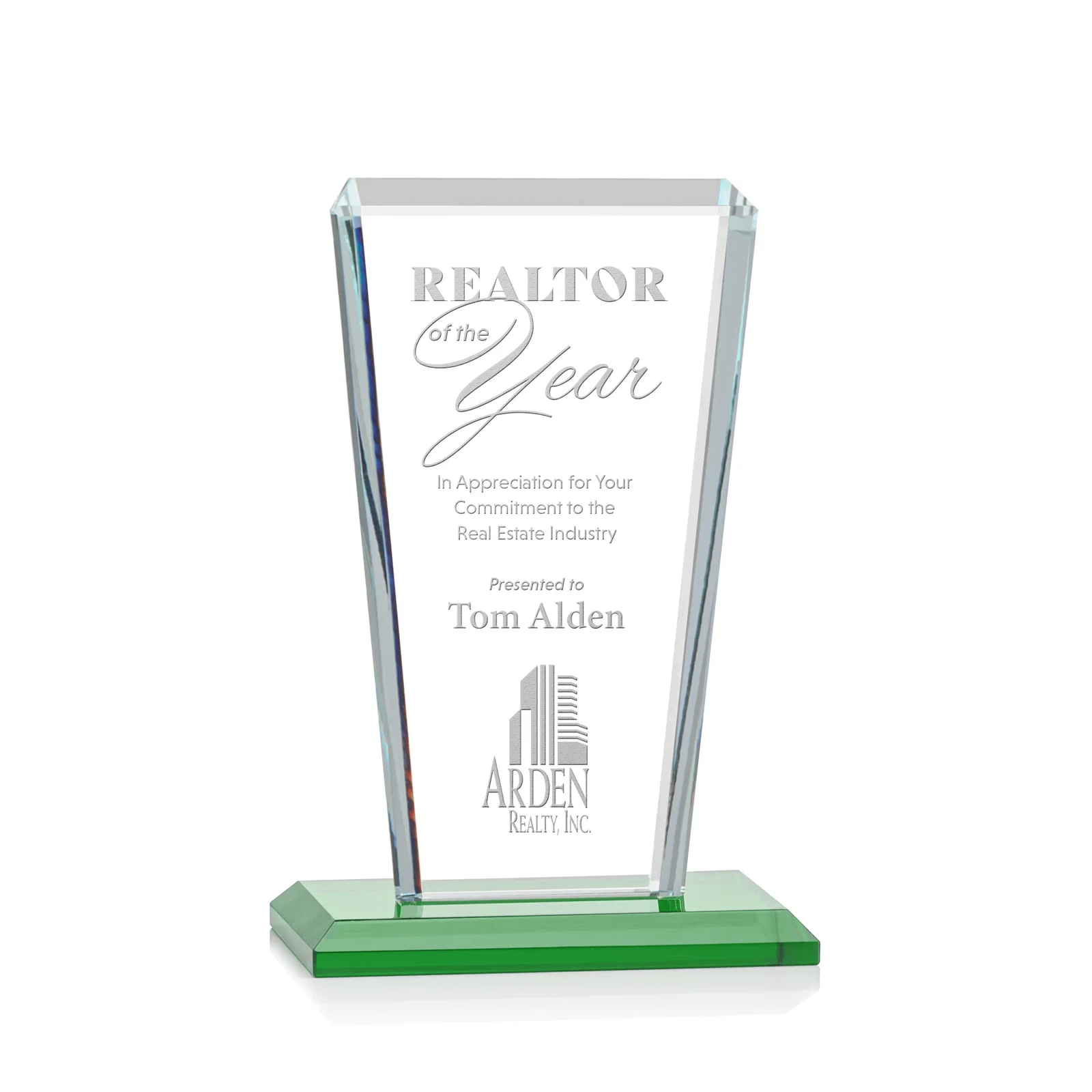 Personalized Starfire Crystal Award on Rosewood Base, Full-Color Print Option for service anniversary gifts