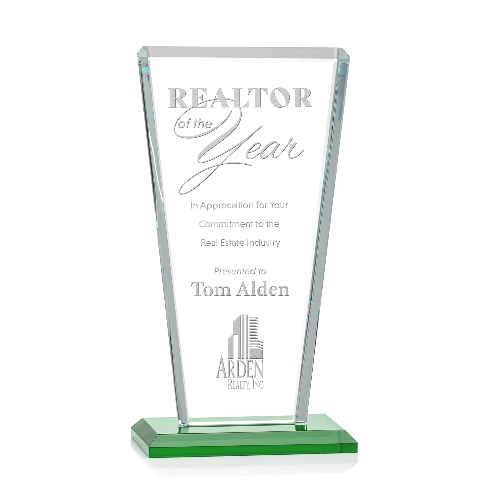 Personalized Starfire Crystal Award on Rosewood Base, Full-Color Print Option for sales achievement awards