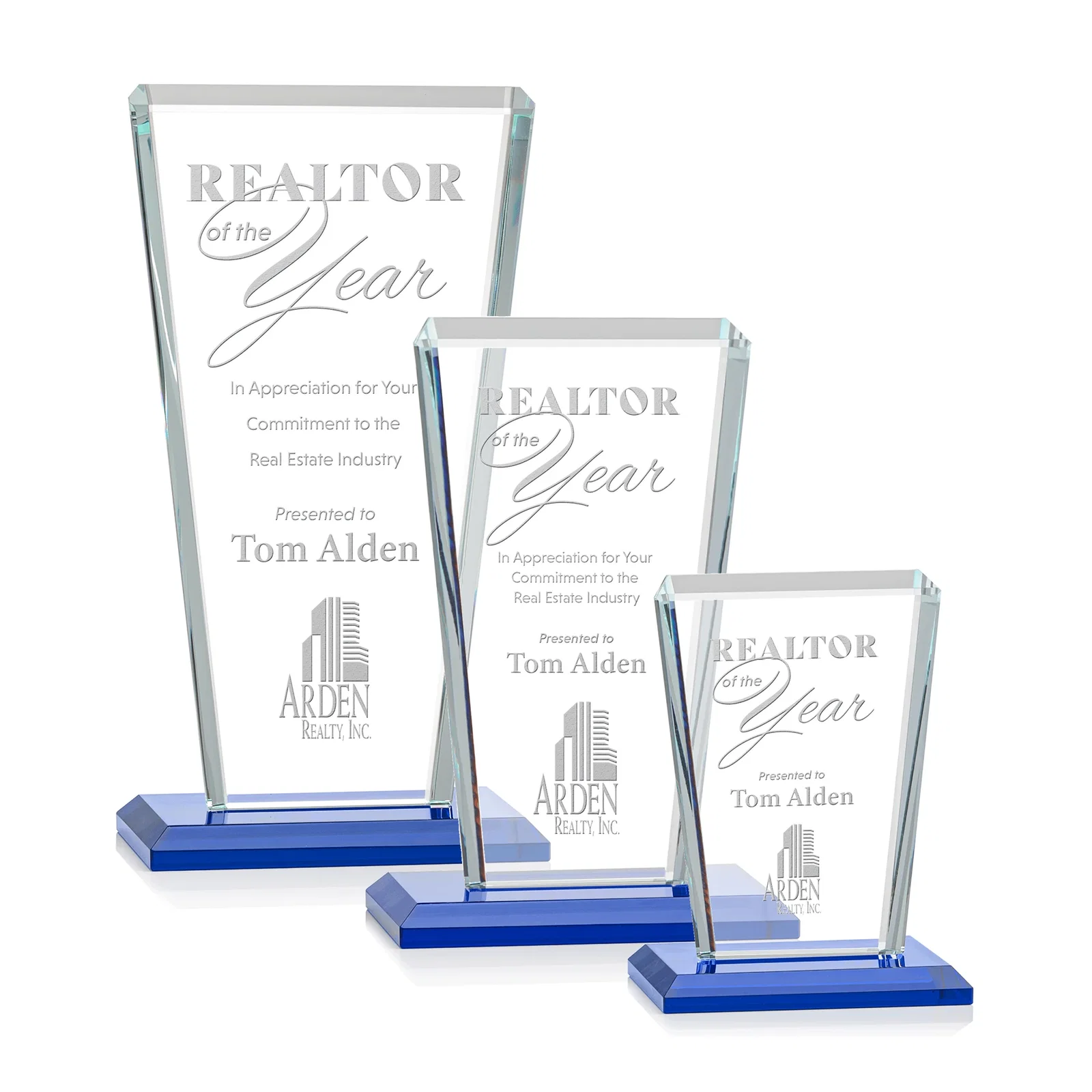 Personalized Starfire Crystal Award on Rosewood Base, Full-Color Print Option for retirement presentations