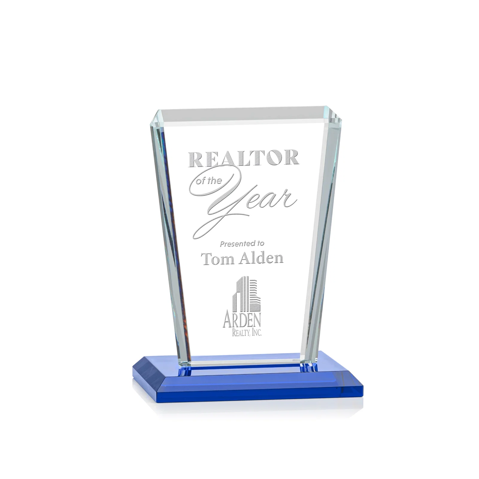 Personalized Starfire Crystal Award on Rosewood Base, Full-Color Print Option for team milestone celebrations