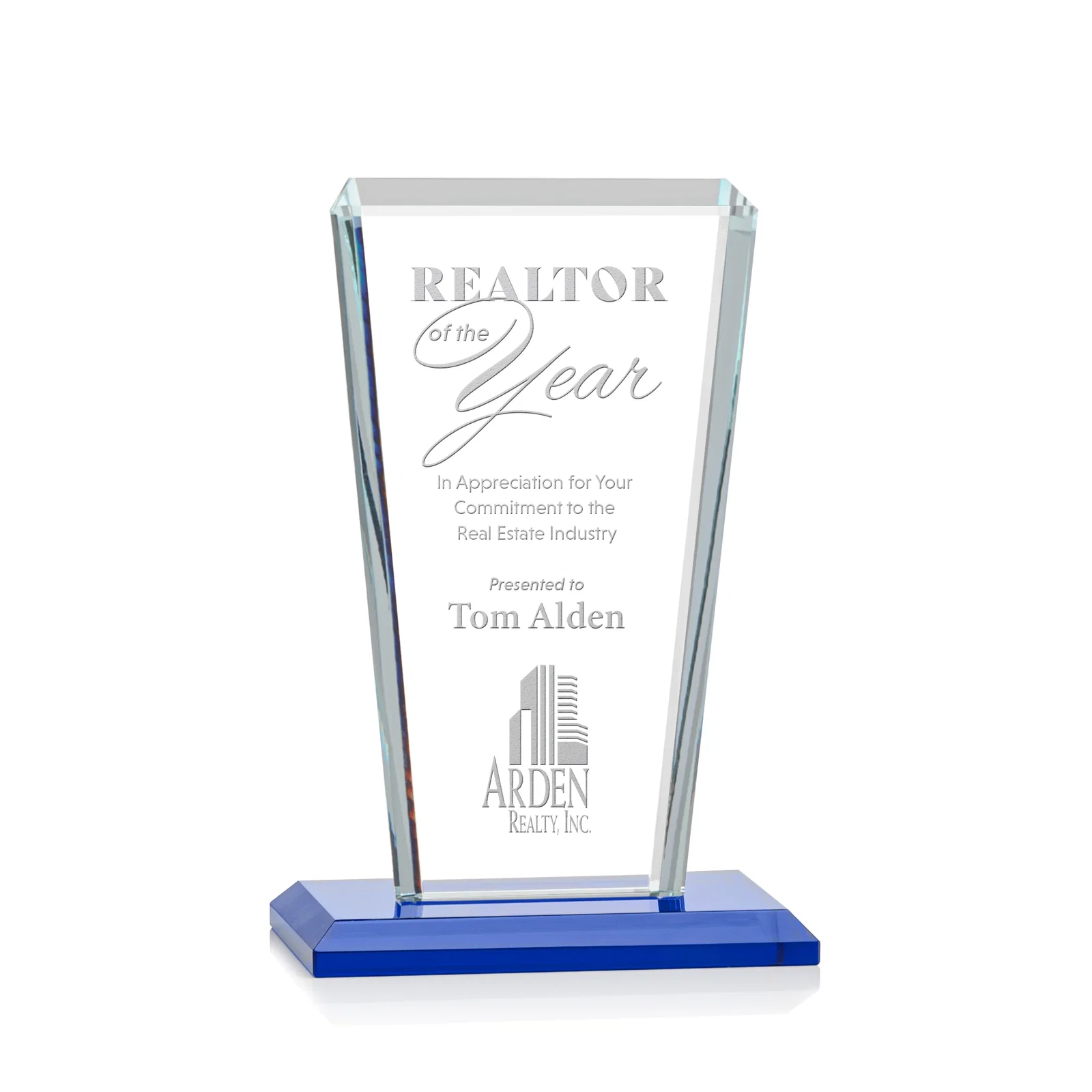 Personalized Starfire Crystal Award on Rosewood Base, Full-Color Print Option for donor appreciation