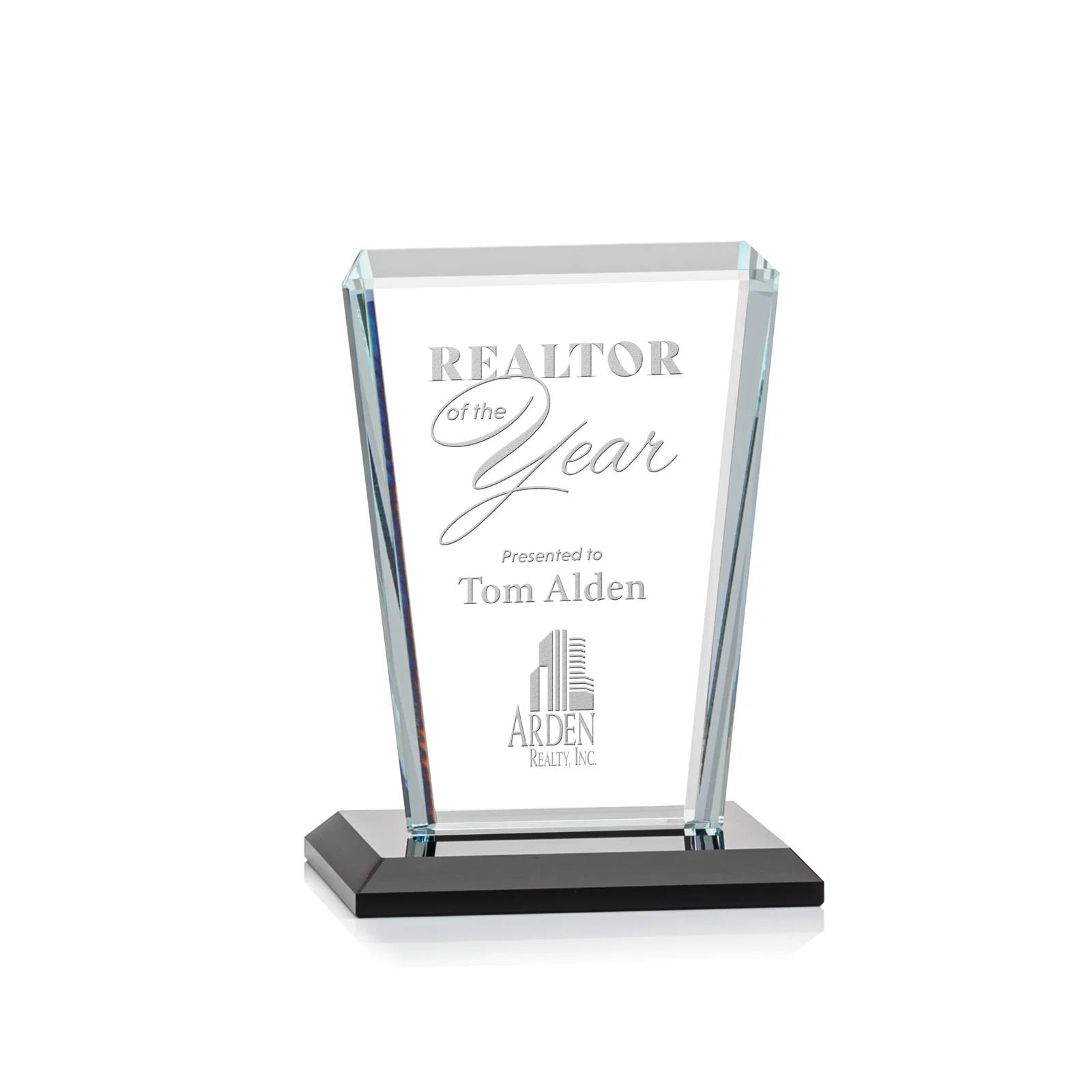 Custom Starfire Crystal Award on Rosewood Base, Full-Color Print Option for corporate award ceremonies