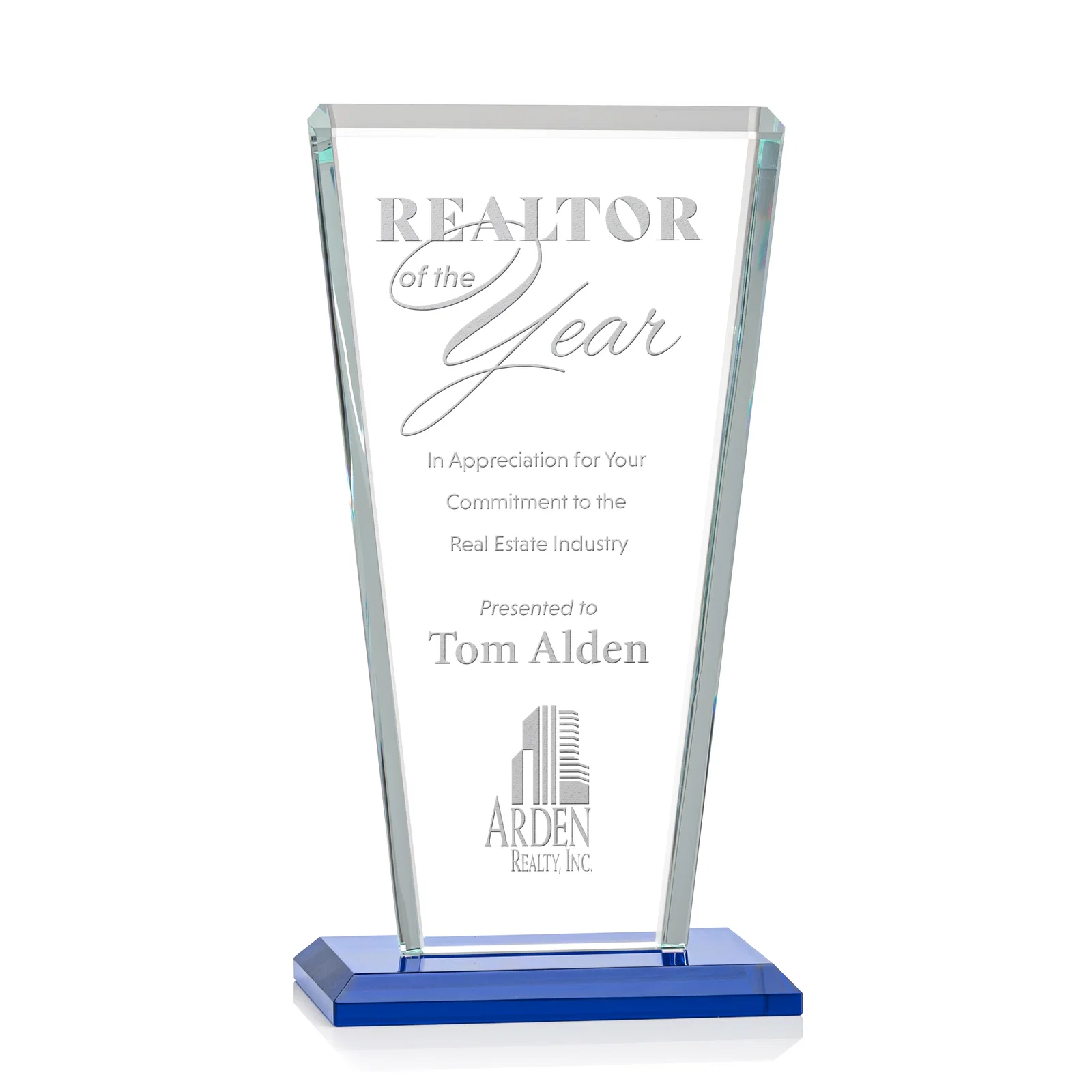 Personalized Starfire Crystal Award on Rosewood Base, Full-Color Print Option for graduation ceremonies