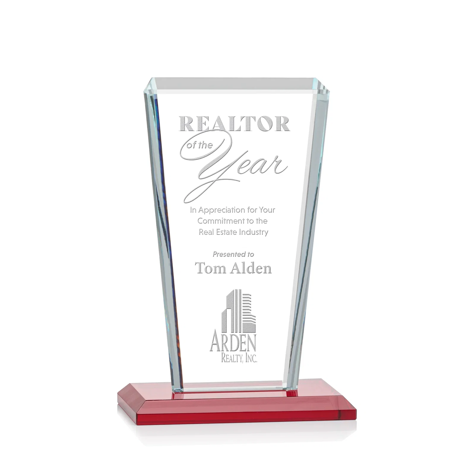 Personalized Starfire Crystal Award on Rosewood Base, Full-Color Print Option for dealer and partner awards