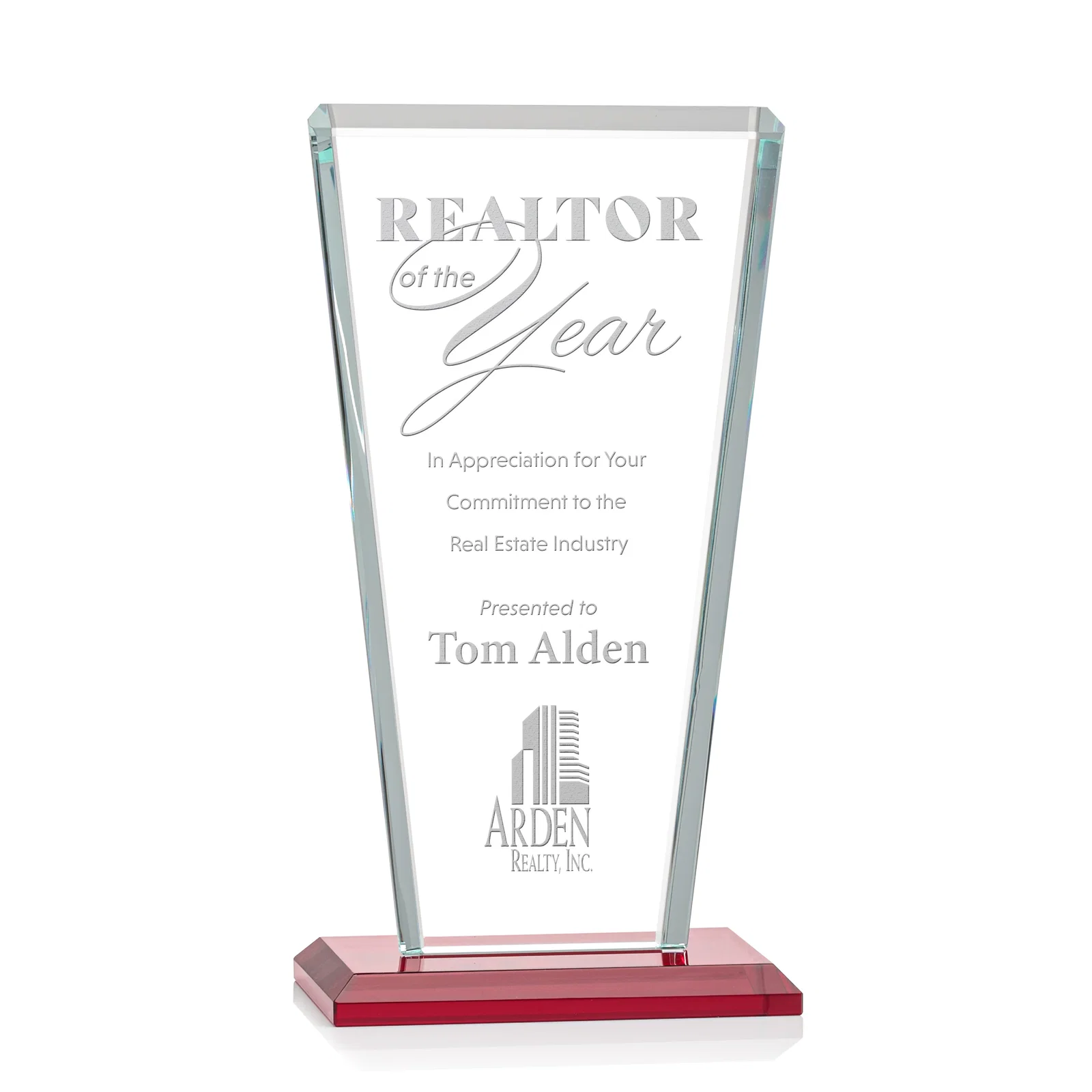 Personalized Starfire Crystal Award on Rosewood Base, Full-Color Print Option for company anniversary events