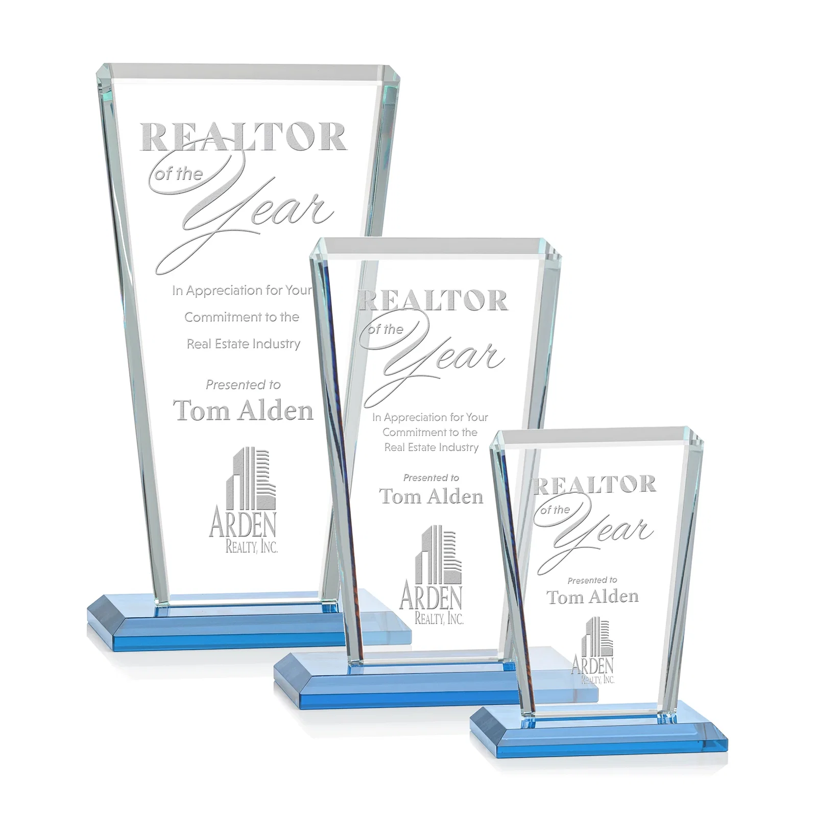 Promotional Starfire Crystal Award on Rosewood Base, Full-Color Print Option for employee recognition